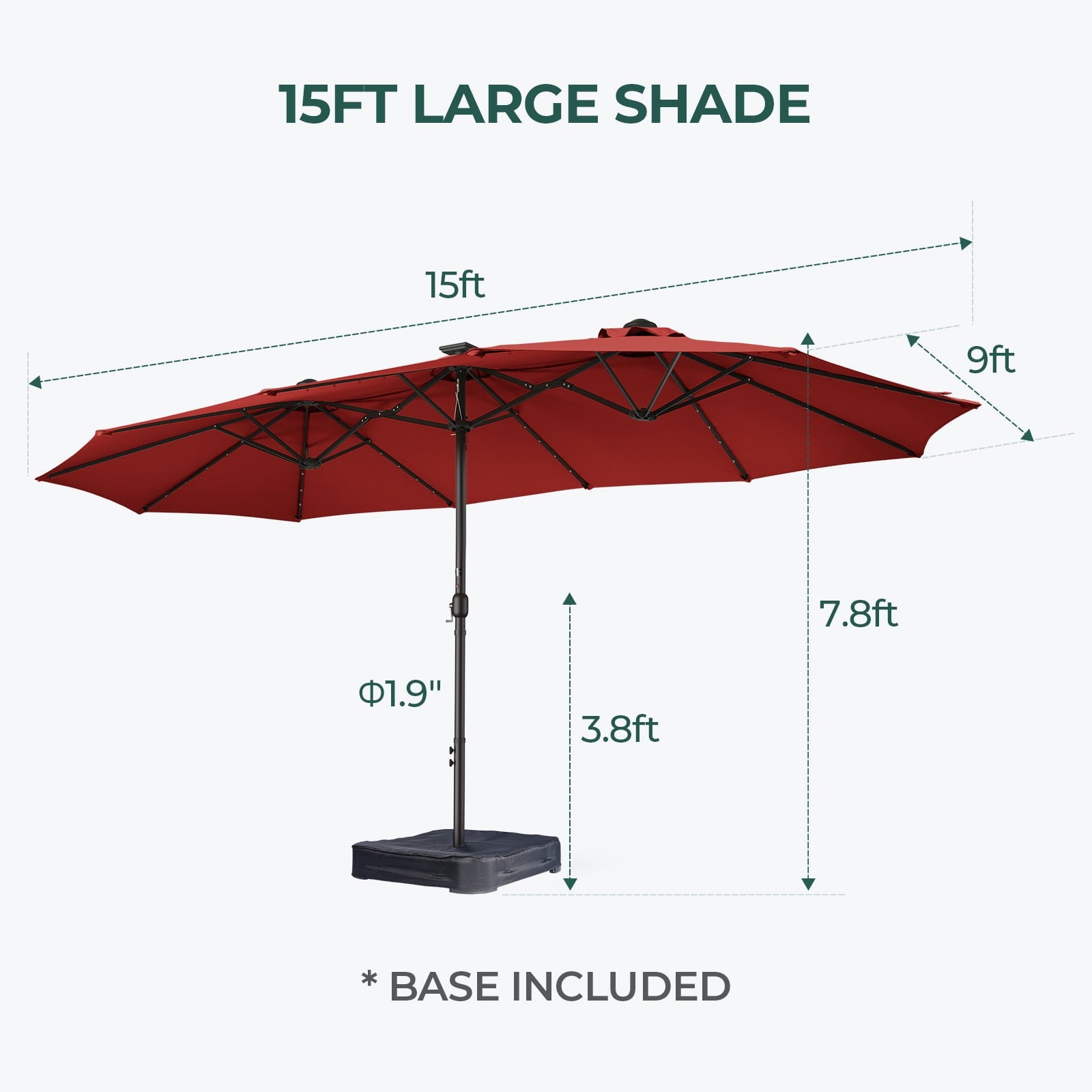 Patbrela 15ft Patio Umbrella with Light and Base, Double Sided  Large Rectangular Outdoor Umbrella with Crank Handle, for Garden, Yard, Poolside and Outdoor Activities, Gray