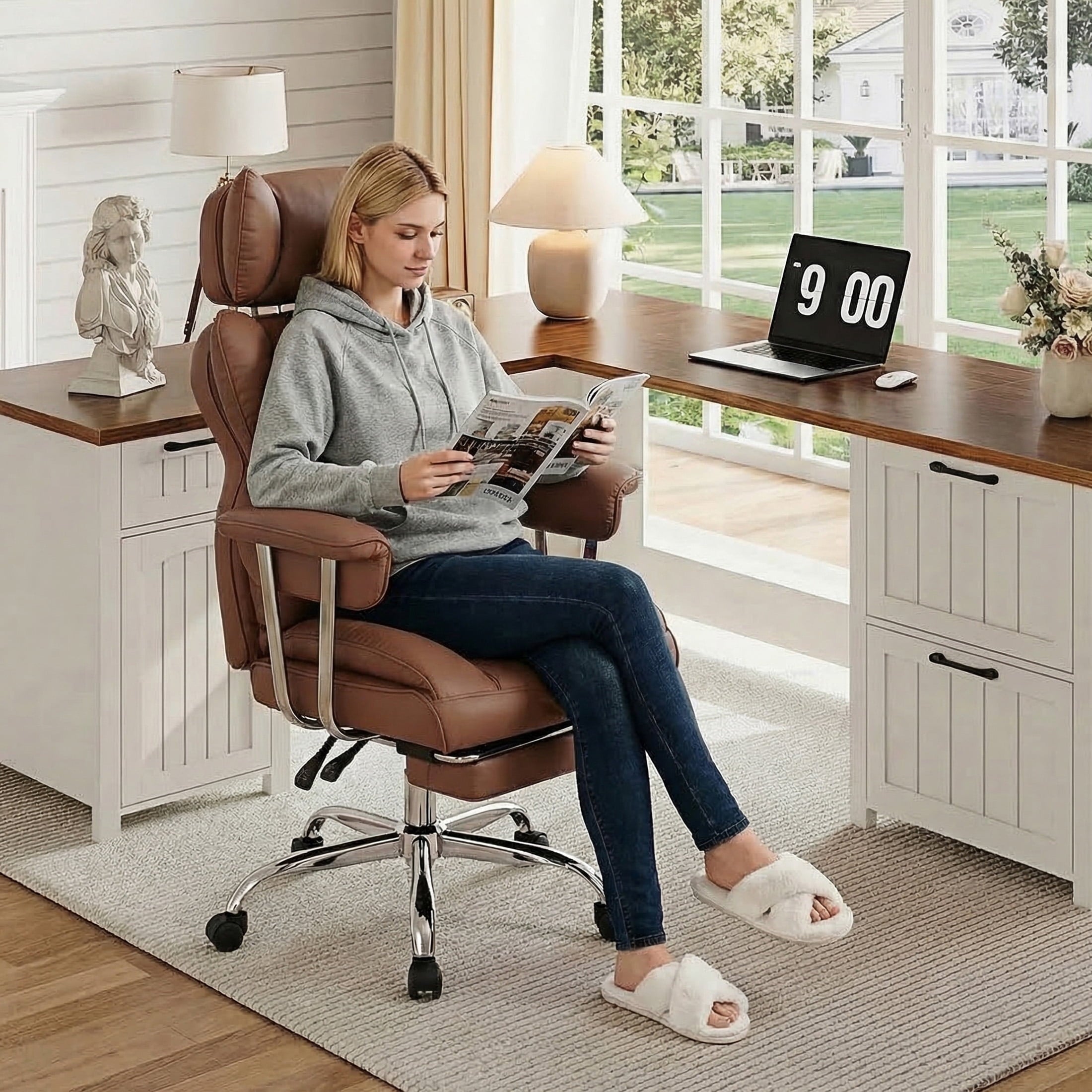 edx Executive Home Office Desk Chair, Ergonomic Big Tall High Back with Footrest & Lumbar Support, Reclining Comfy PU Leather Computer Gaming Chair with Swivel Wheels, Height Adjustable, Black