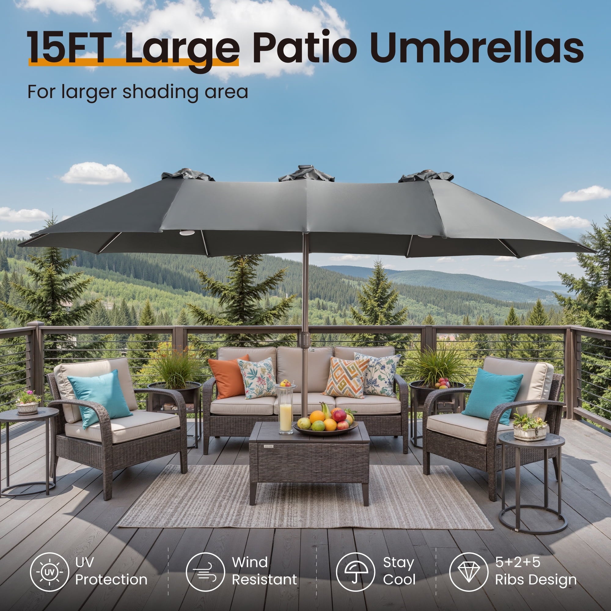 Ovios 15ft Solar LED Patio Umbrellas Double-Sided Outdoor Umbrella 36 LED Lights Large Poolside Umbrella with Base for Outside, Market, Backyard, Dark Grey
