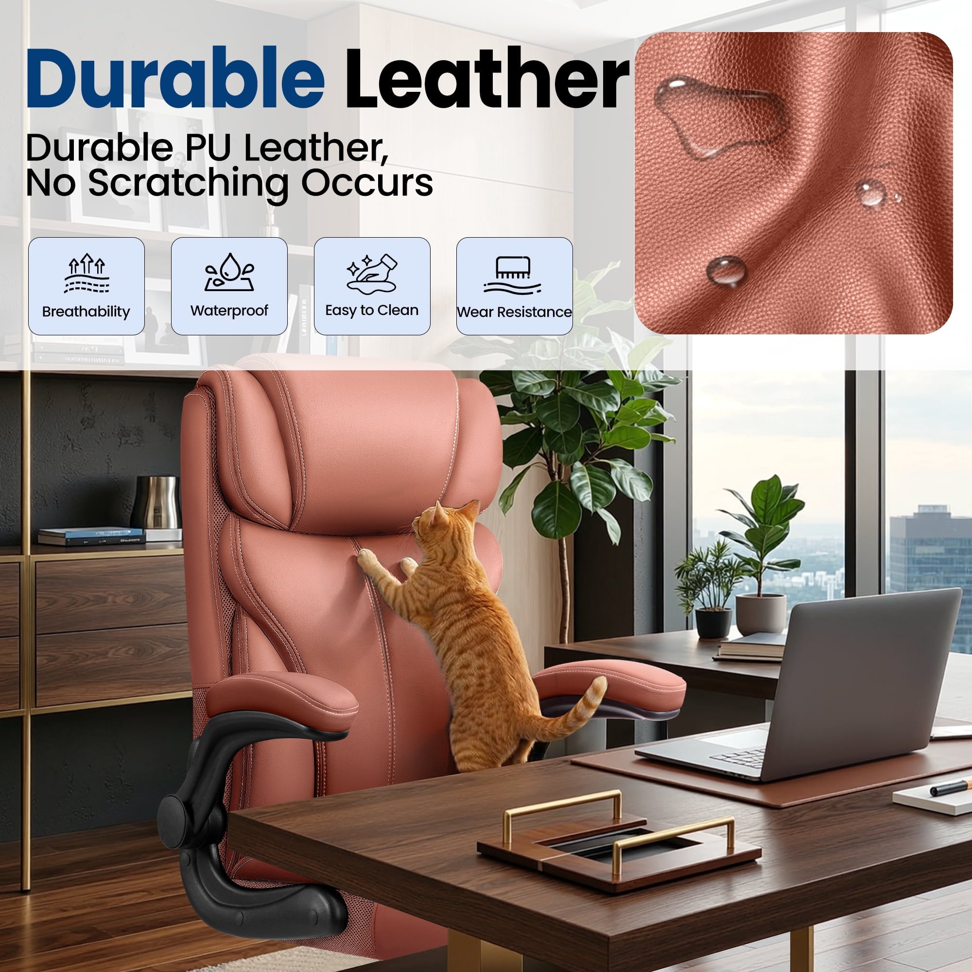 STACOO High Back Executive Office Chair 400lbs, Big and Tall Ergonomic Desk Chair with Lumbar Support & Flip-up Armrests, PU Leather Swivel Chair with Adjustable Height – Brown