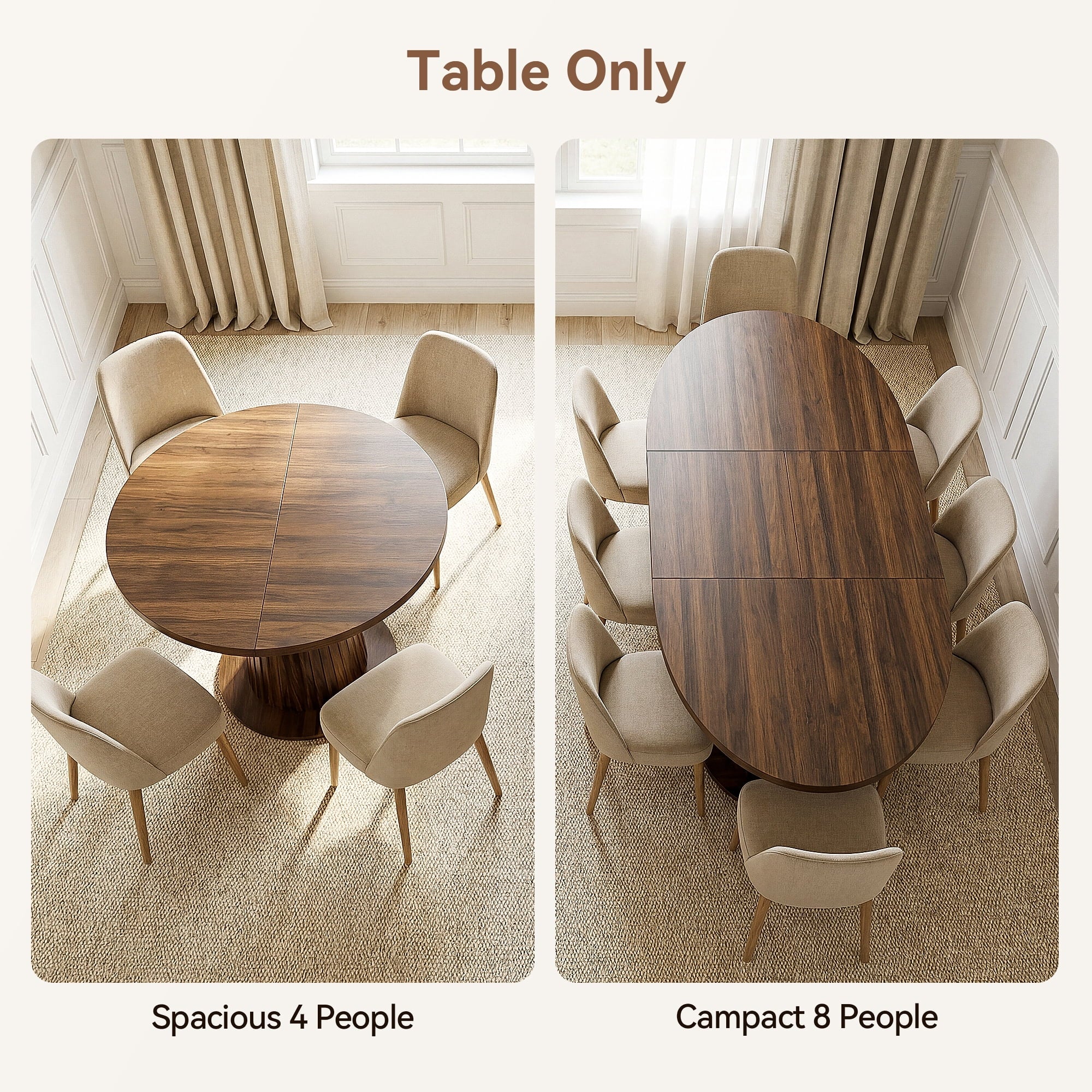 Keenstone Round Dining Table 43-59 Extendable, for 4 to 6, with Storage Space, Kitchen Dinner Room Table for Dining Room and Small Space Walnut