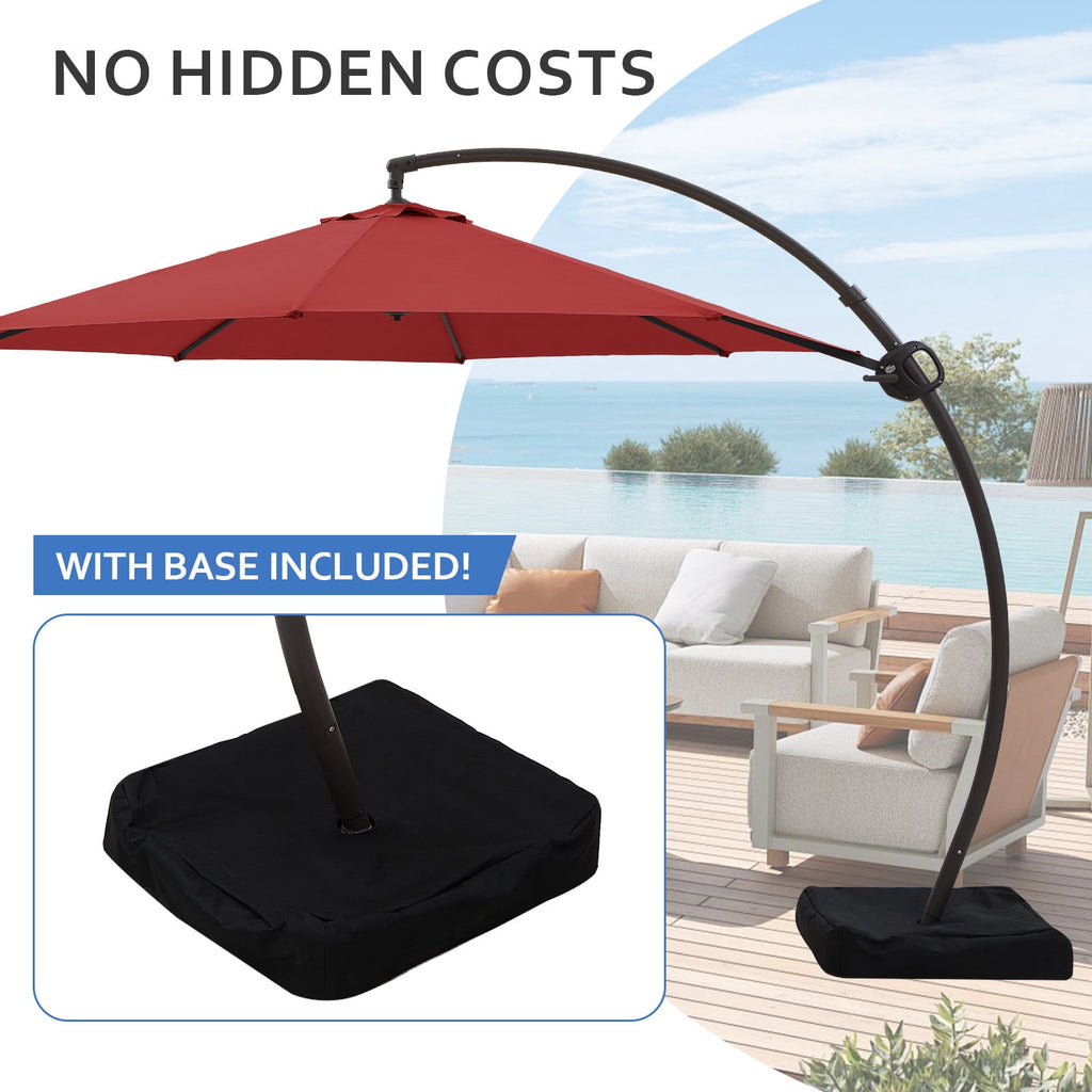 FUNDAZE 11ft Market Patio Umbrella with Base, Curved Cantilever Hanging Sun Shade with Crank & Tilt for Garden, Deck, Poolside,Beige