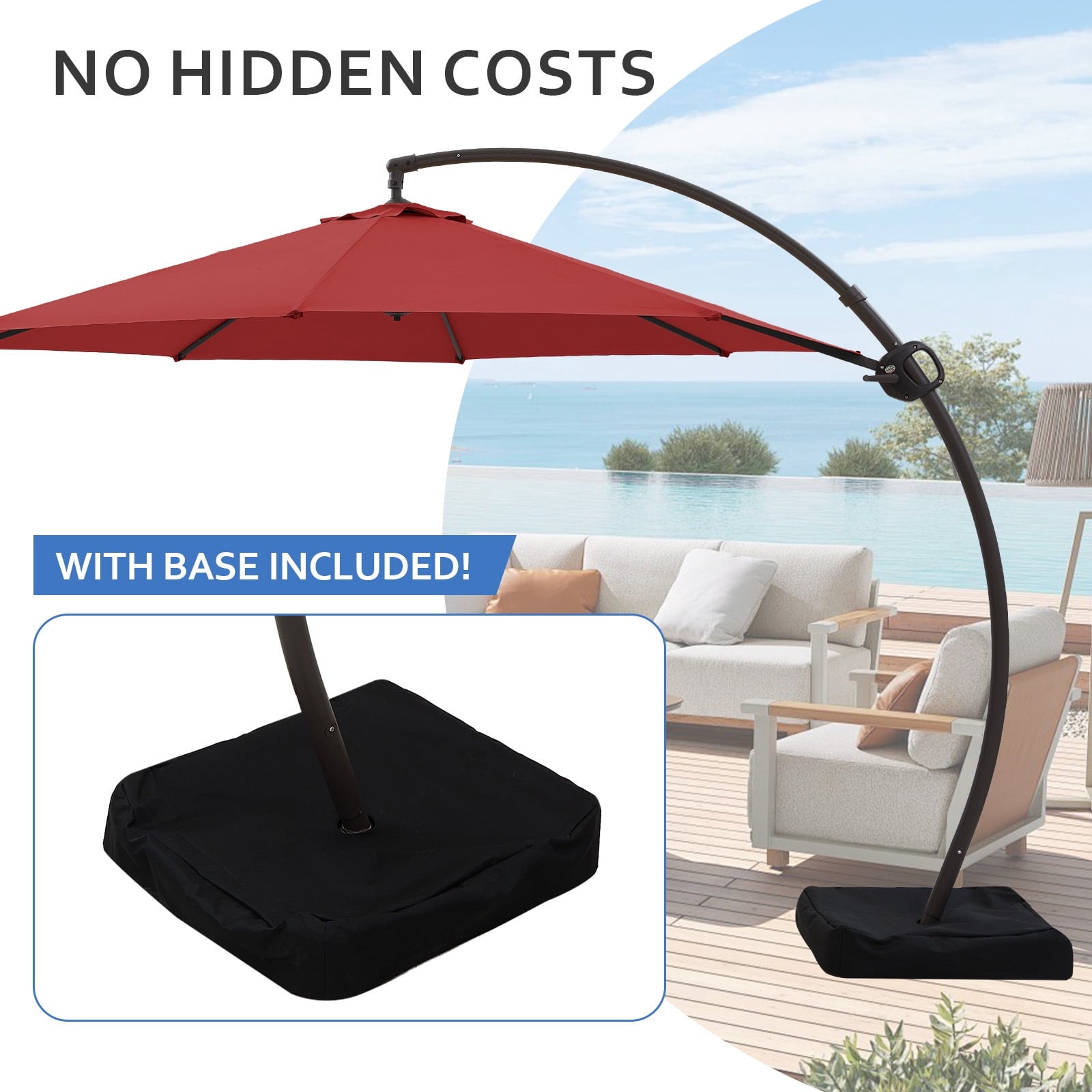 FUNDAZE 11ft Market Patio Umbrella with Base, Curved Cantilever Hanging Sun Shade with Crank & Tilt for Garden, Deck, Poolside,Beige