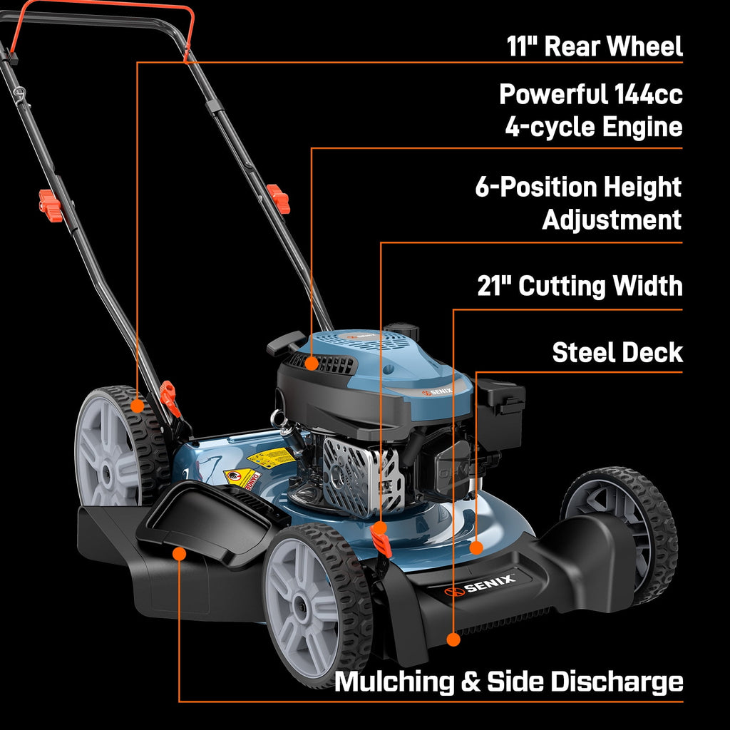SENIX Gas Lawn mower, 20in Cutting Blade 21in Cutting Deck, 144cc 4-Cycle Engine, Steel Deck with Side Discharge, LSPG-L4