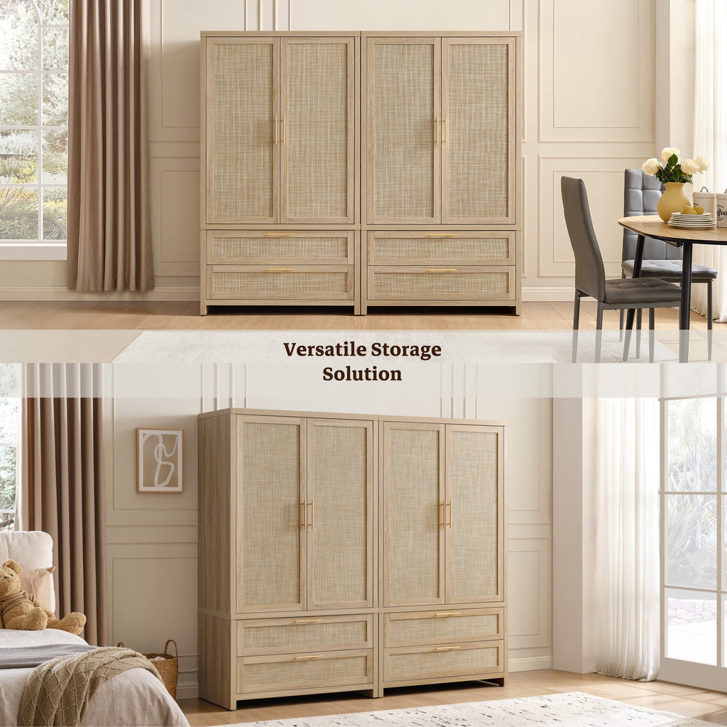 SICOTAS 40W Oversized Boho Armoire Wardrobe Closet with 2 Large Drawers, 71 Tall Rattan Clothing Storage Cabinet with Shelves & Hanging Rod, Farmhouse Freestanding Wardrobe Cabinet for Bedroom, Oak