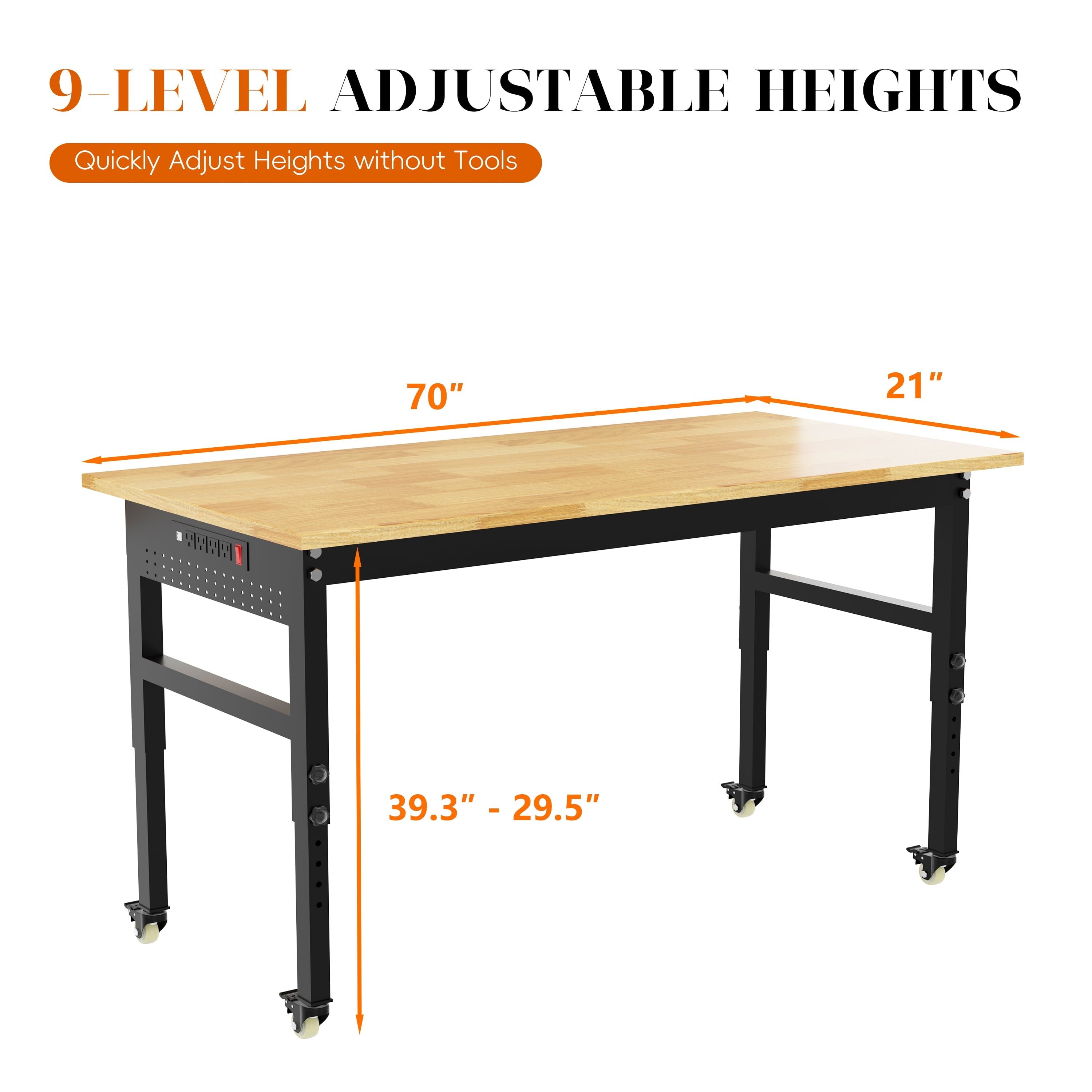 Joywind 60 Heavy-Duty Adjustable Workbench with Locking Wheels, Power Strip & Pegboard – Rubber Wood Work Table for Garage, Workshop, Home Office