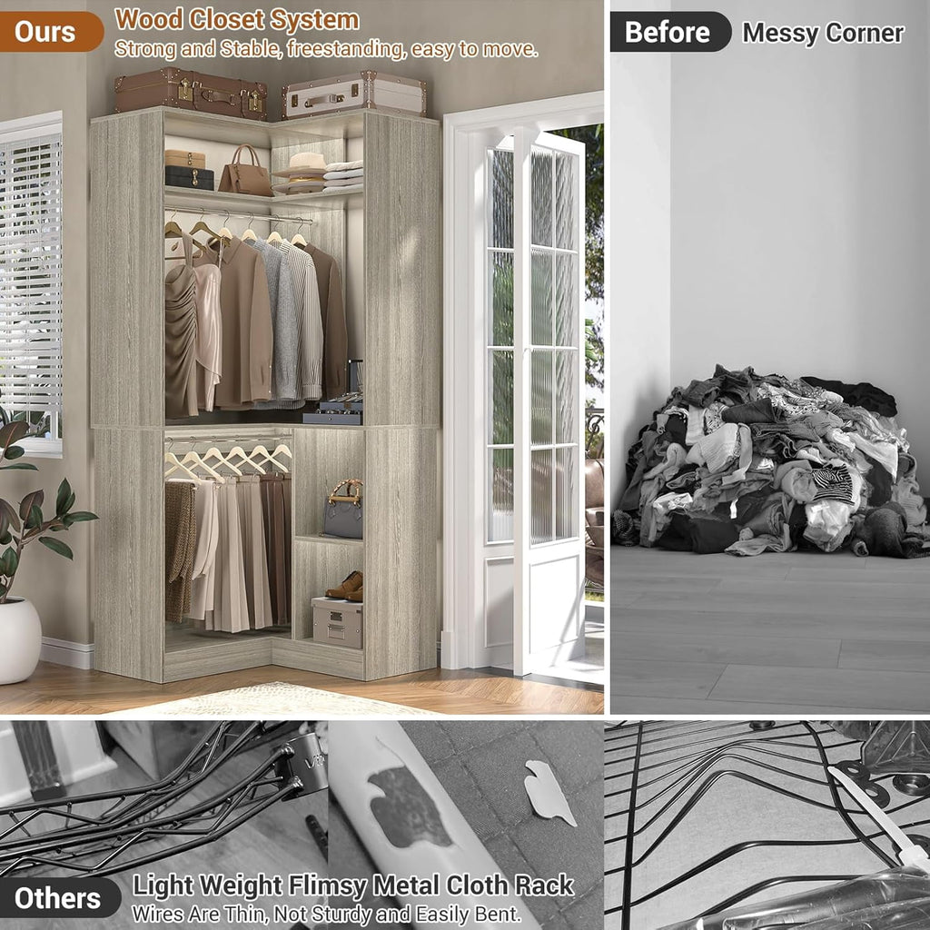 Homieasy 34 W Corner Closet System with Hanging Rods, White