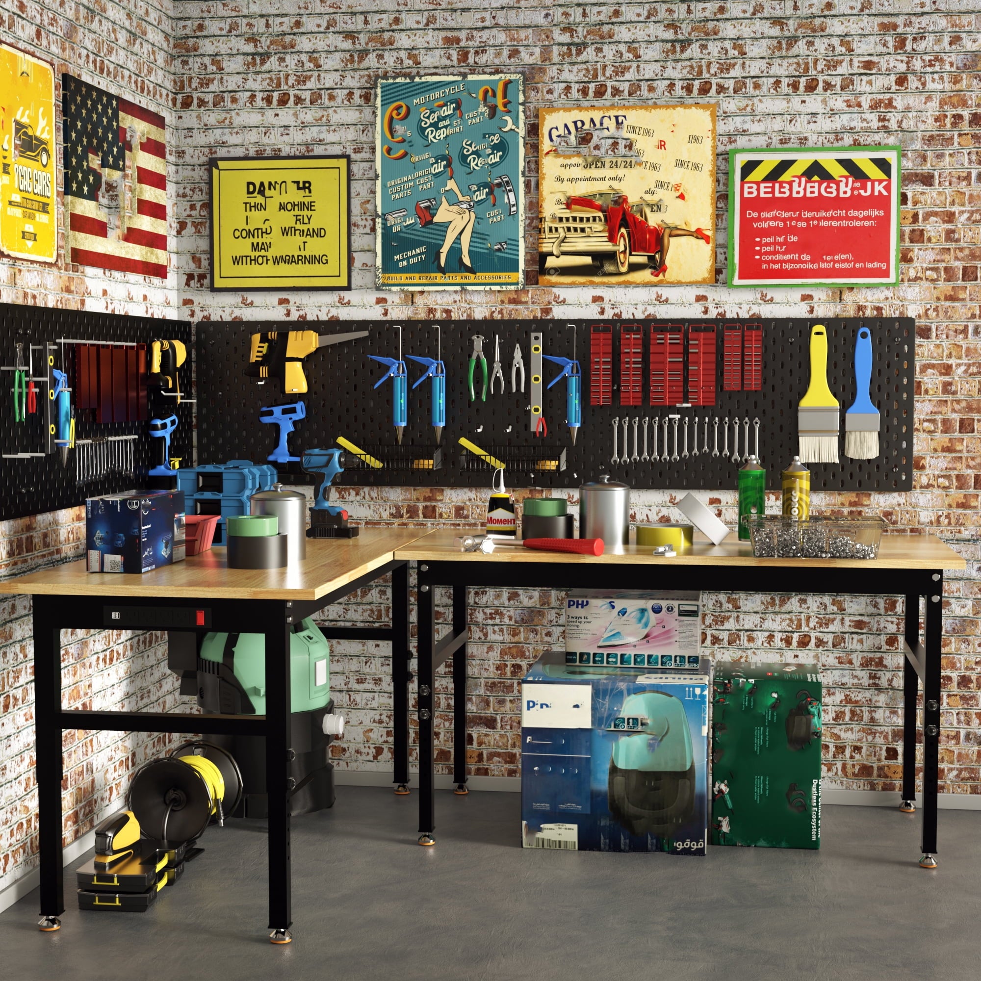 Joywind 60 Heavy-Duty Adjustable Workbench with Locking Wheels, Power Strip & Pegboard – Rubber Wood Work Table for Garage, Workshop, Home Office