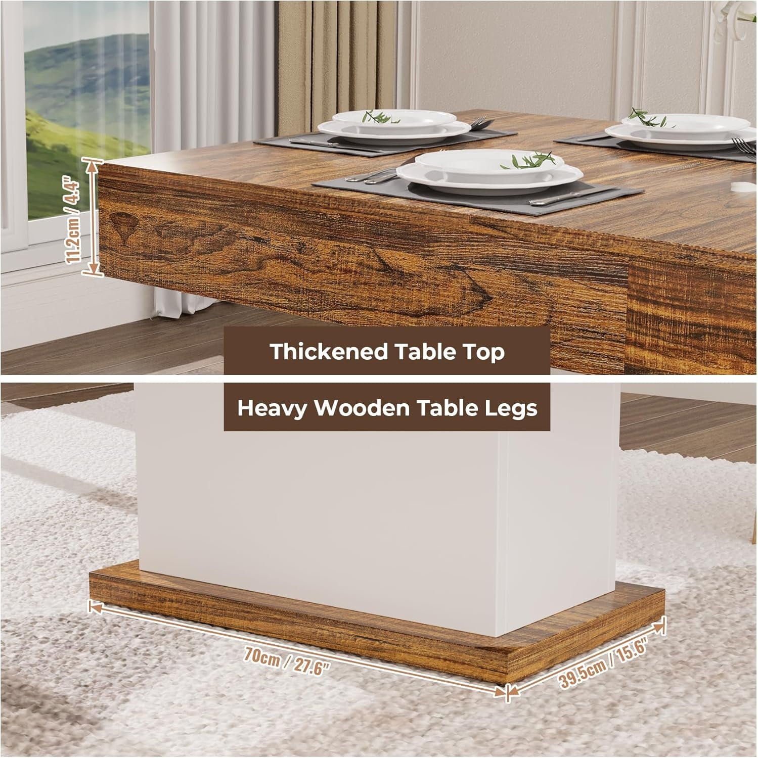 HAUXITIO 55 Inch Dining Table with LED Lights & 2 Drawers,Wooden Pedestal Base Table for 4-6 People,for Kitchen & Dining Room,White& Rustic Brown