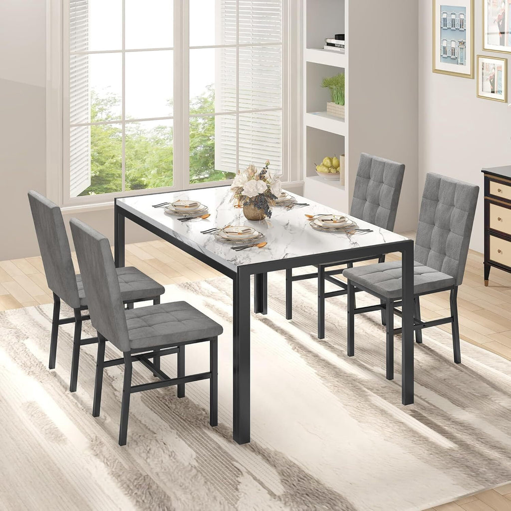 MOOSENG 5-Piece Dining Table Set with Faux Marble Top, Modern Kitchen Table and Set of 4 Grey Velvet Upholstered Chairs, Space-Saving Dinette Set for Small Spaces