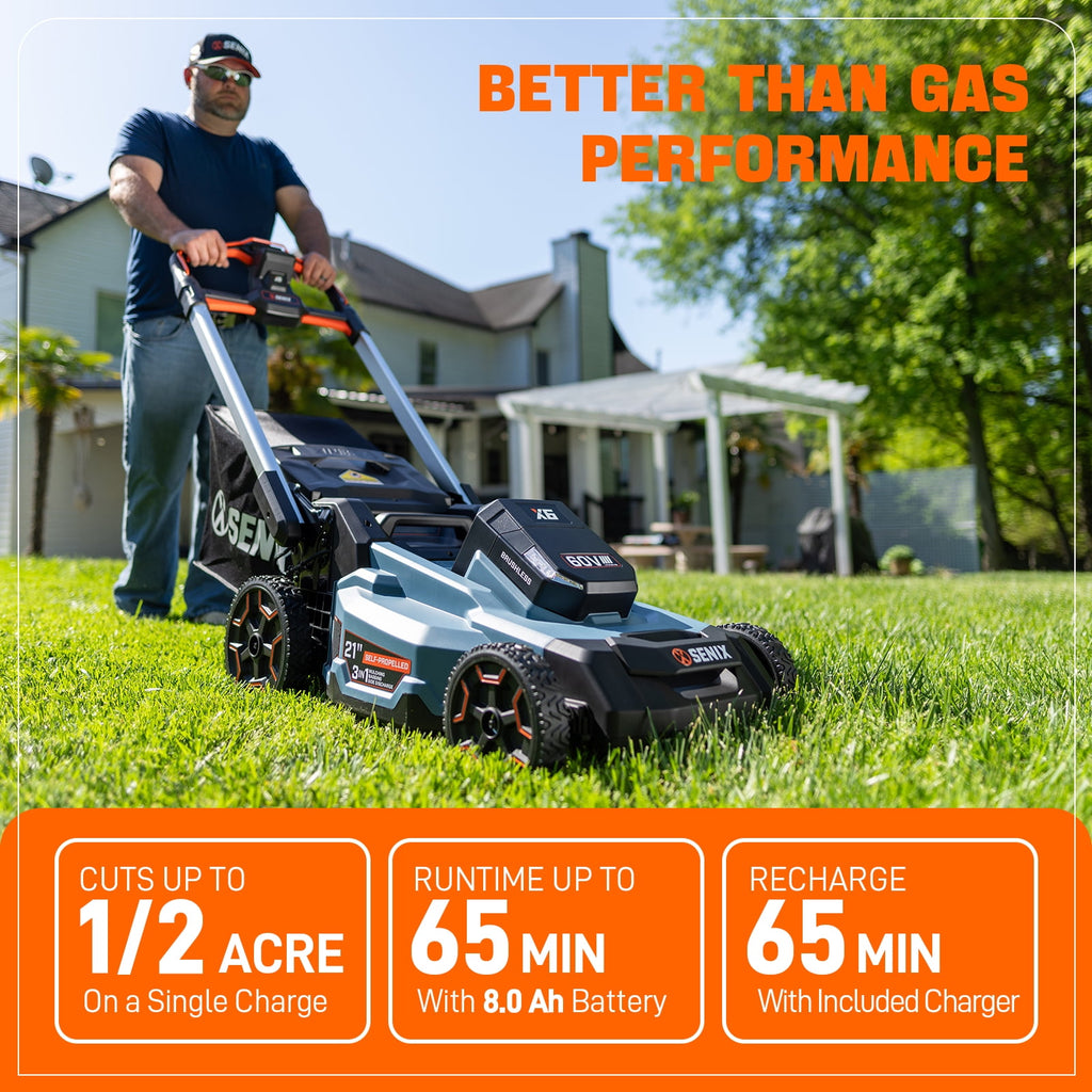 SENIX X6 60V 21 Self Propelled Lawn Mower , 8Ah Battery & Rapid 8A Charger, 3-in-1 Brushless, Smart LED Display, 7-Height Adjustment, 3-Mode, Variable Speed Push Mower