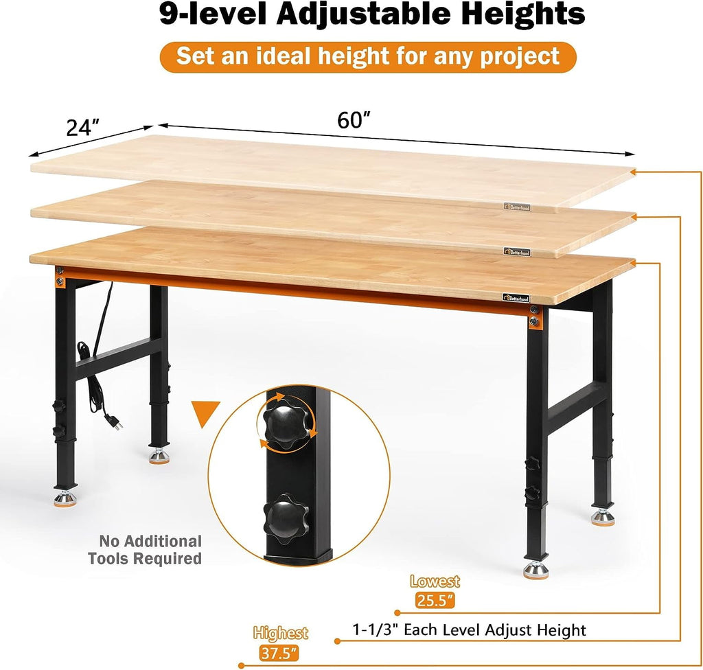 Tolead 60 Heavy-Duty Adjustable Workbench with Power Outlets, Rubber Wood Shop Table, Metal Wheels, Workstation