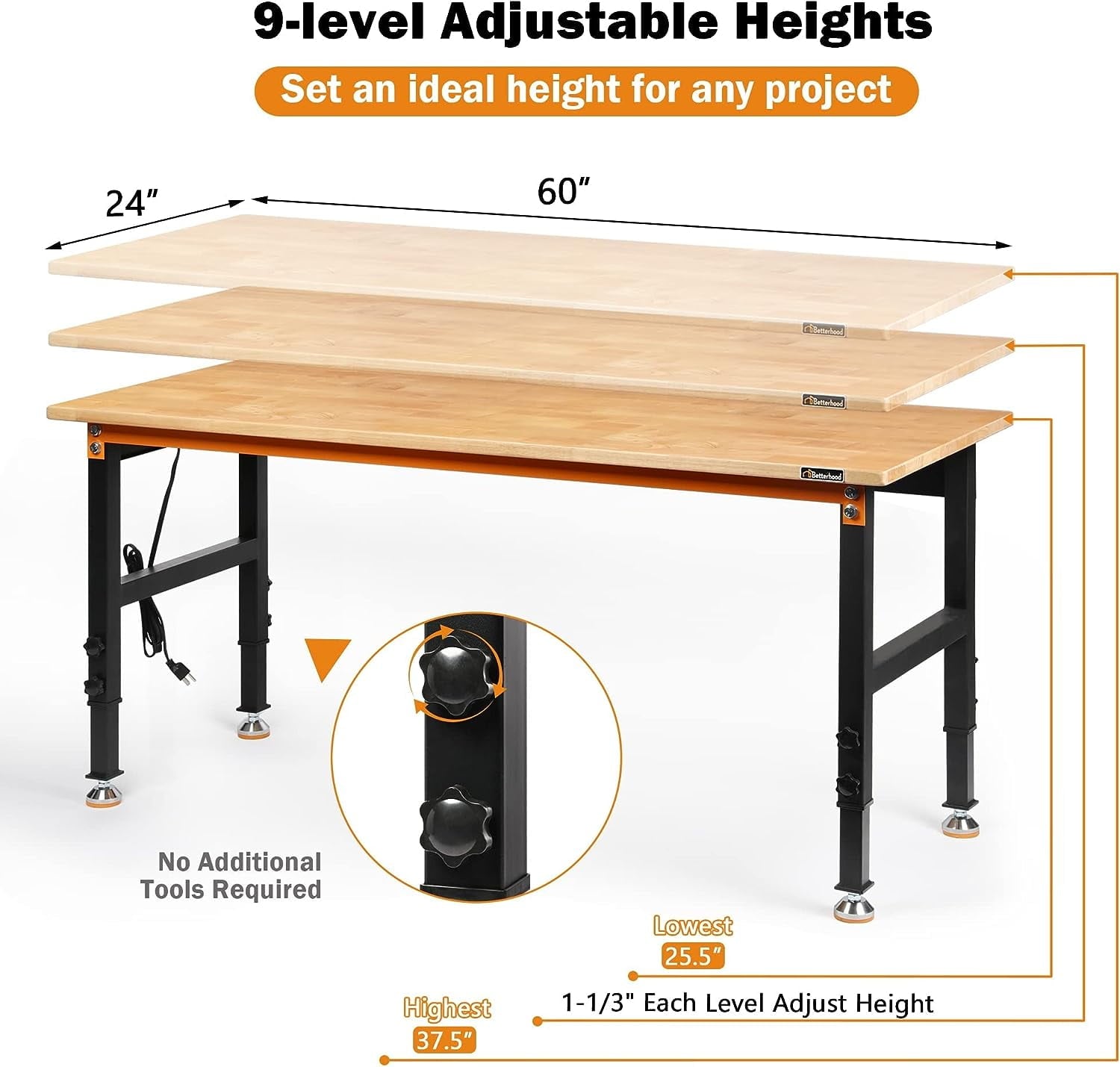 Tolead 60 Heavy-Duty Adjustable Workbench with Power Outlets, Rubber Wood Shop Table, Metal Wheels, Workstation