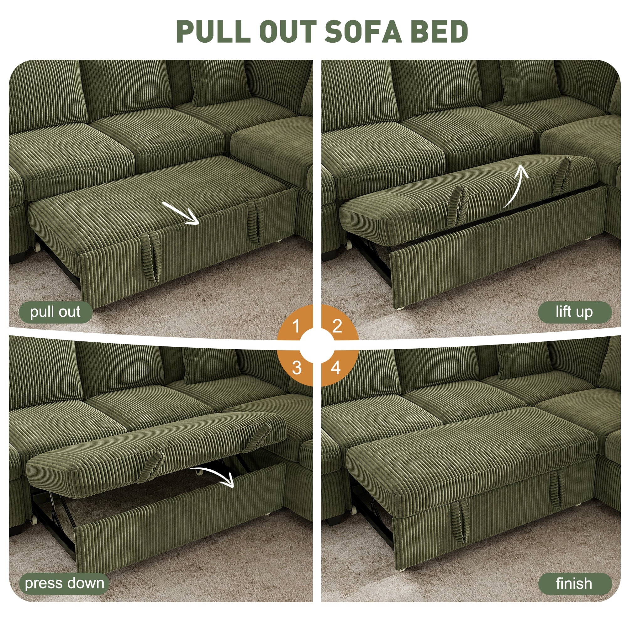 BedLuxury 83 Sectional Sleeper Sofa With Pull Out Bed, Storage Seat & USB Charging, L Shape Modern Couch for Living Room, Corduroy Gray