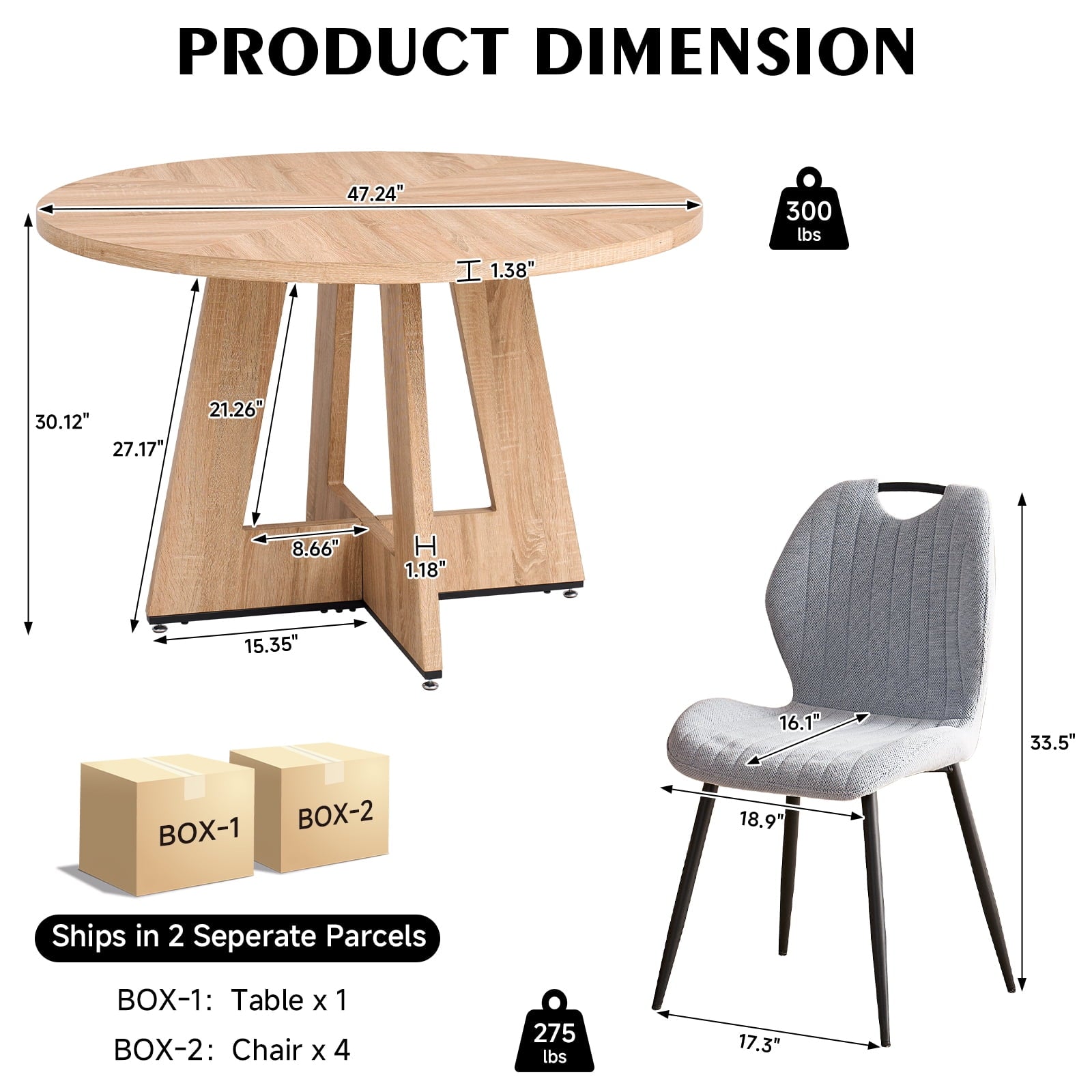 5 Piece 47'' Round Dining Table Chairs Set for 4, Farmhouse Oak Kitchen Table with 4 Boucle Mid Century Modern Dinning Room Chairs, Wood Dinner Table &Upholstered Chair Set of 4, Beige