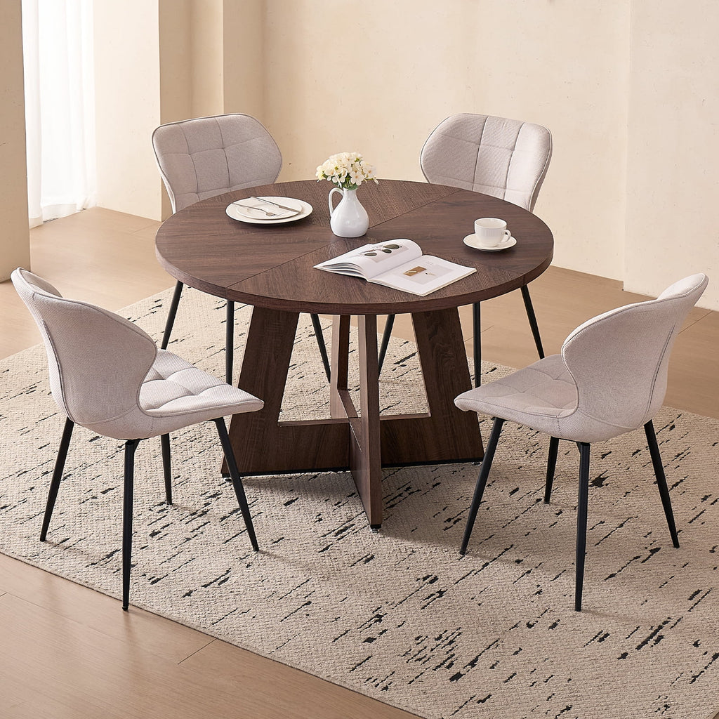 5 Piece 47'' Round Dining Table Chairs Set for 4, Farmhouse Oak Kitchen Table with 4 Boucle Mid Century Modern Dinning Room Chairs, Wood Dinner Table &Upholstered Chair Set of 4, Beige