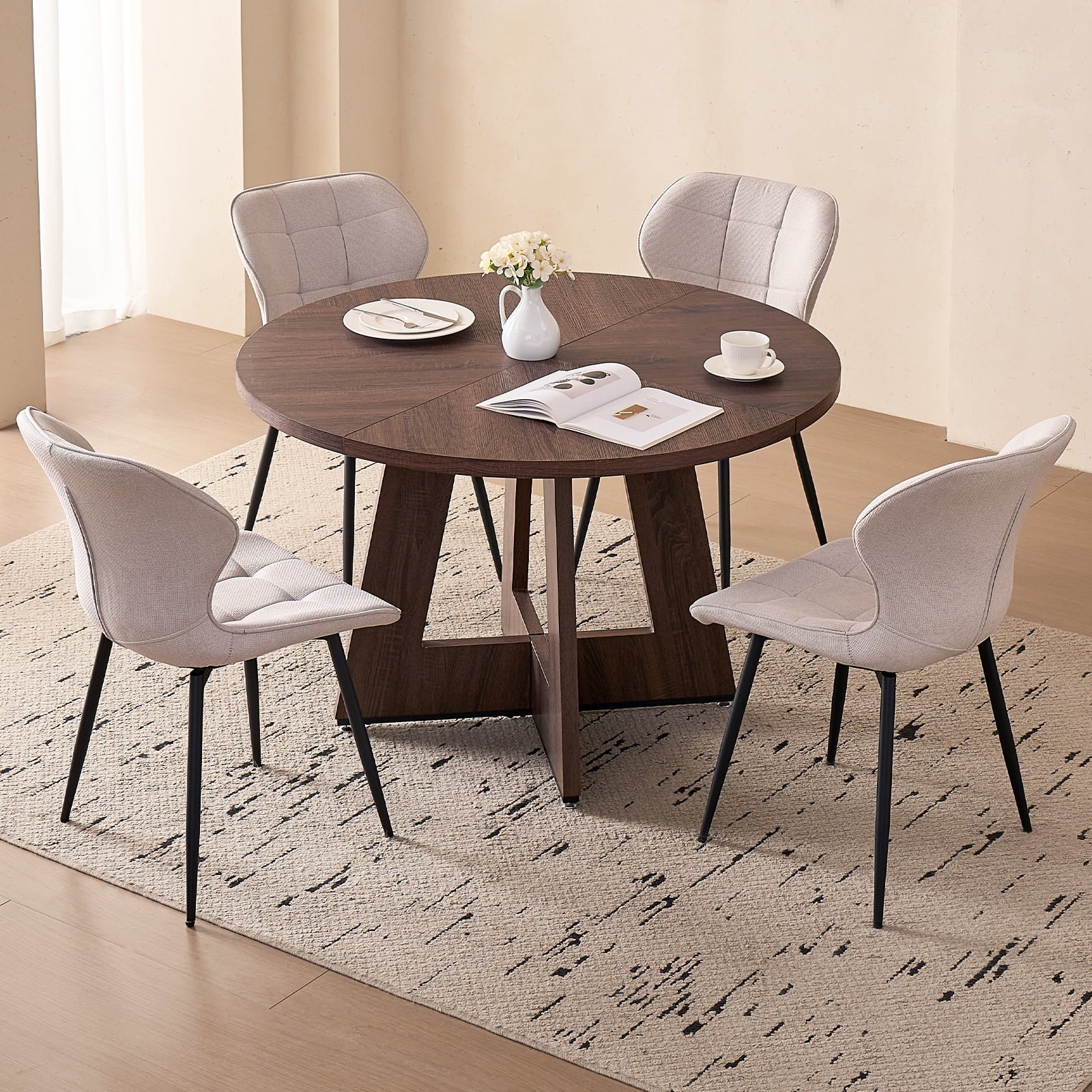 5 Piece 47'' Round Dining Table Chairs Set for 4, Farmhouse Oak Kitchen Table with 4 Boucle Mid Century Modern Dinning Room Chairs, Wood Dinner Table &Upholstered Chair Set of 4, Beige