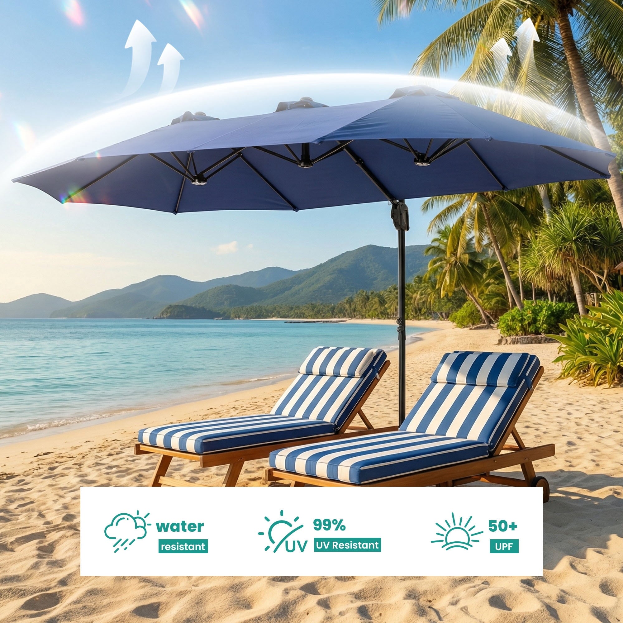 MOALCOFER 15 x 9 FT Double Sided Patio Umbrella with Base Included, Outdoor Rectangular Market Umbrella with Crank Lift, 12 Reinforced Ribs， Khaki