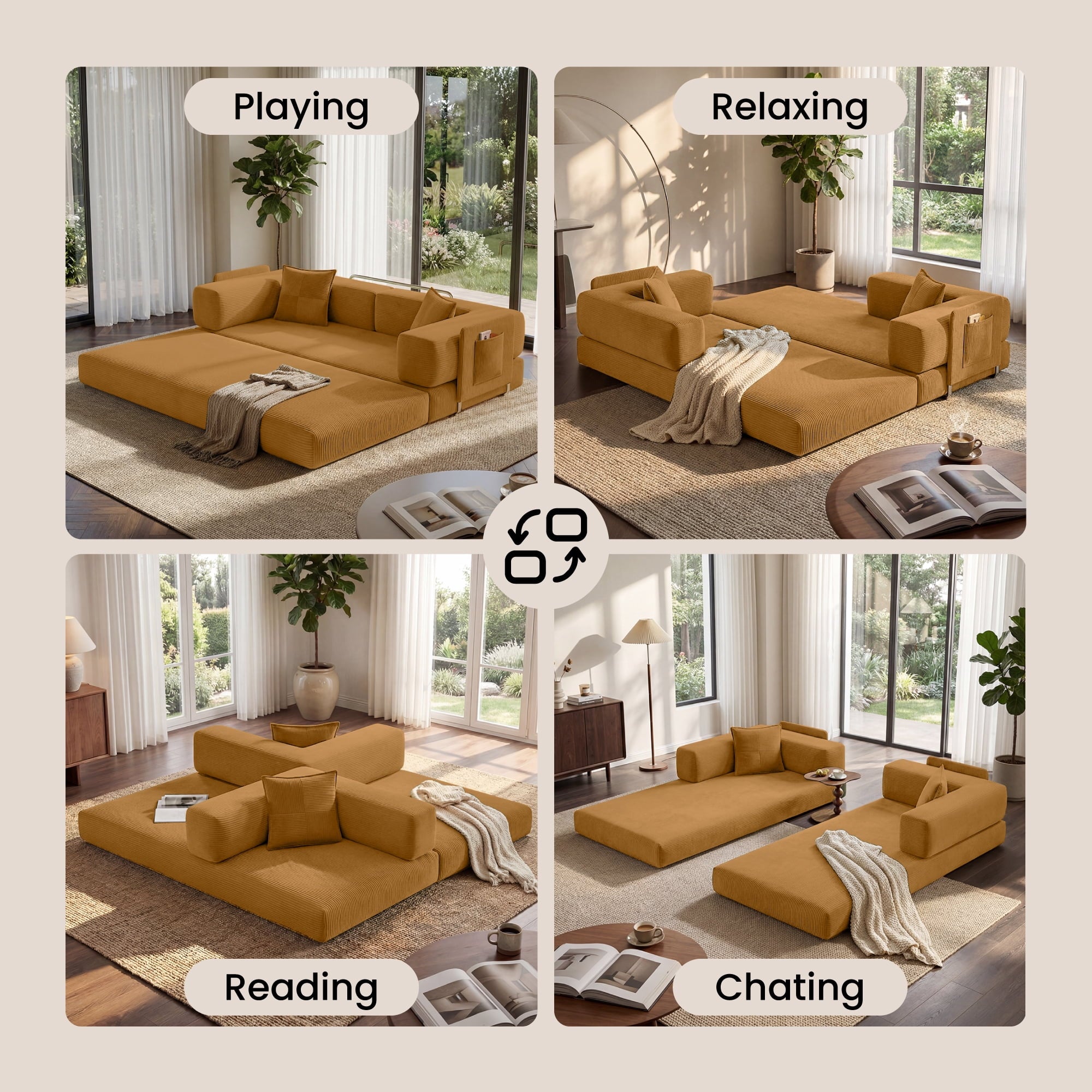 BELHOME 5-in-1 Convertible Sofa Bed, 78.8 Sleeper Sofa Boneless Couch with Side Pockets, Folding Floor Sofa Compression Sofa for Living Rooms No Assembly Required
