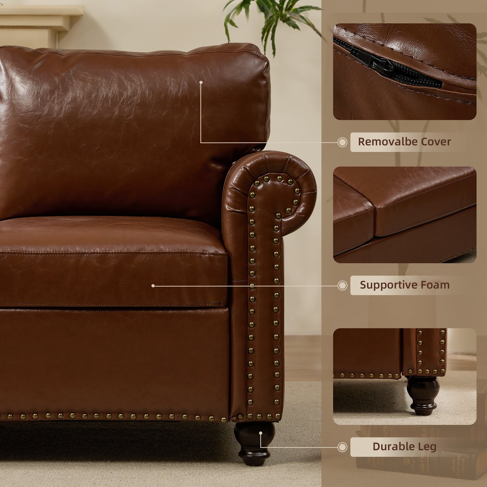 Me'on 80'' Faux Leather Sofa with Storage Seats, Classic 3-Seater Couch with Nailhead Trim, Easy Assembly, Dark Brown