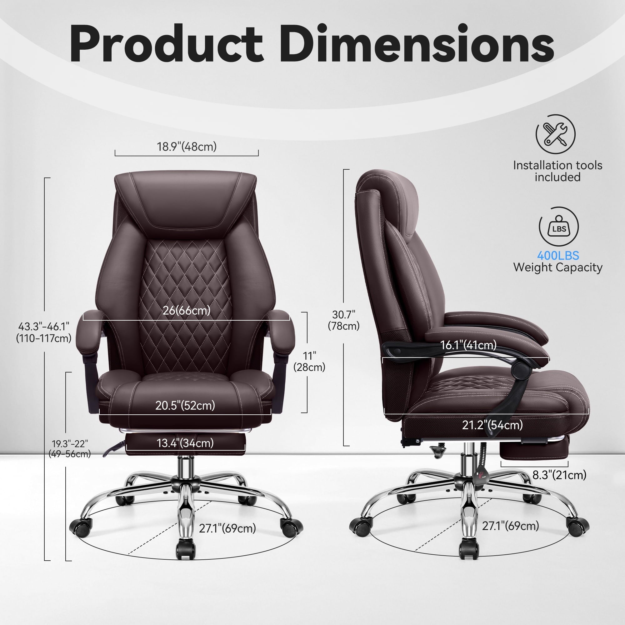 FASTES Ergonomic Office Chair, Big and Tall Leather Desk Chair with Footrest and Lumbar Support, 2-Position Reclining Executive Computer Chair, Black
