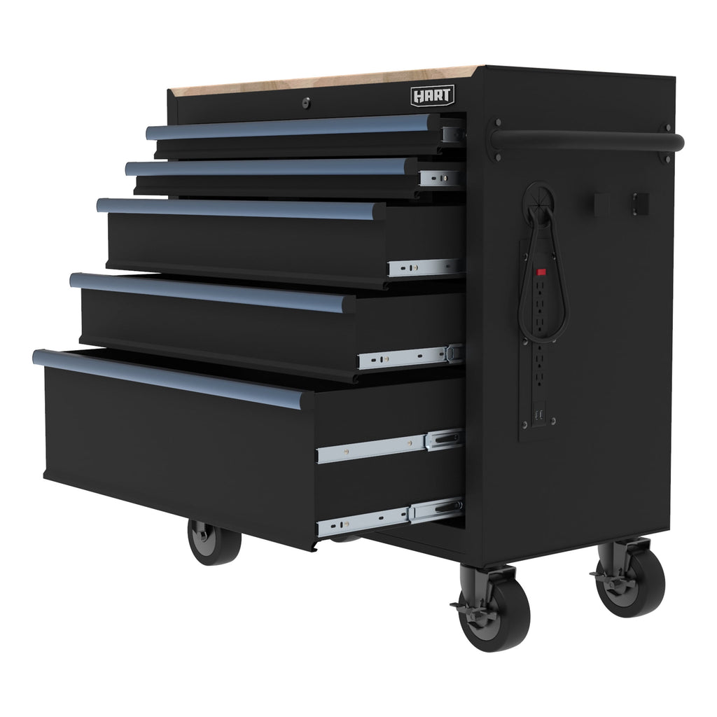 HART 36-Inch 5-Drawer Mobile Tool Chest Workbench with Wood Top, Rolling Garage Storage