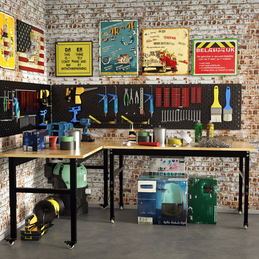 Joywind 60 Heavy-Duty Adjustable Workbench with Locking Wheels, Power Strip & Pegboard – Rubber Wood Work Table for Garage, Workshop, Home Office