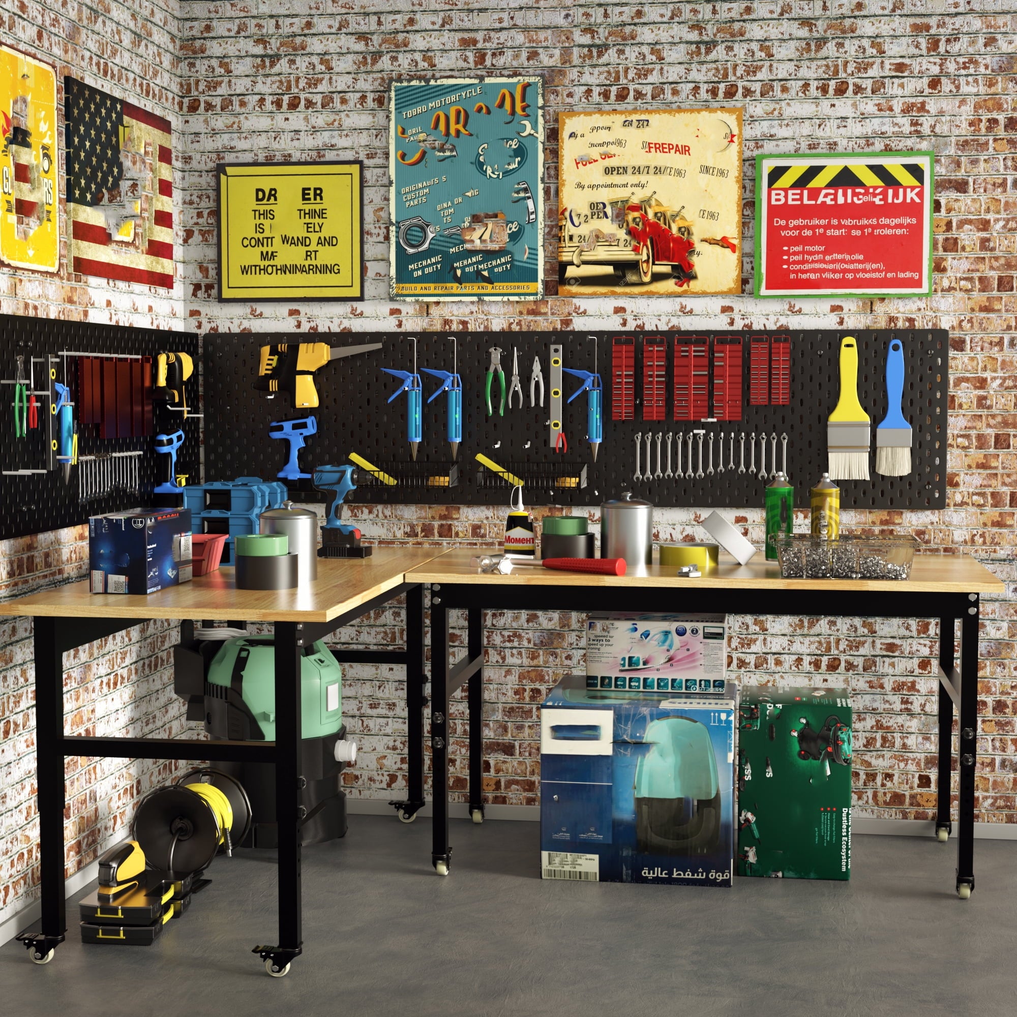 Joywind 60 Heavy-Duty Adjustable Workbench with Locking Wheels, Power Strip & Pegboard – Rubber Wood Work Table for Garage, Workshop, Home Office