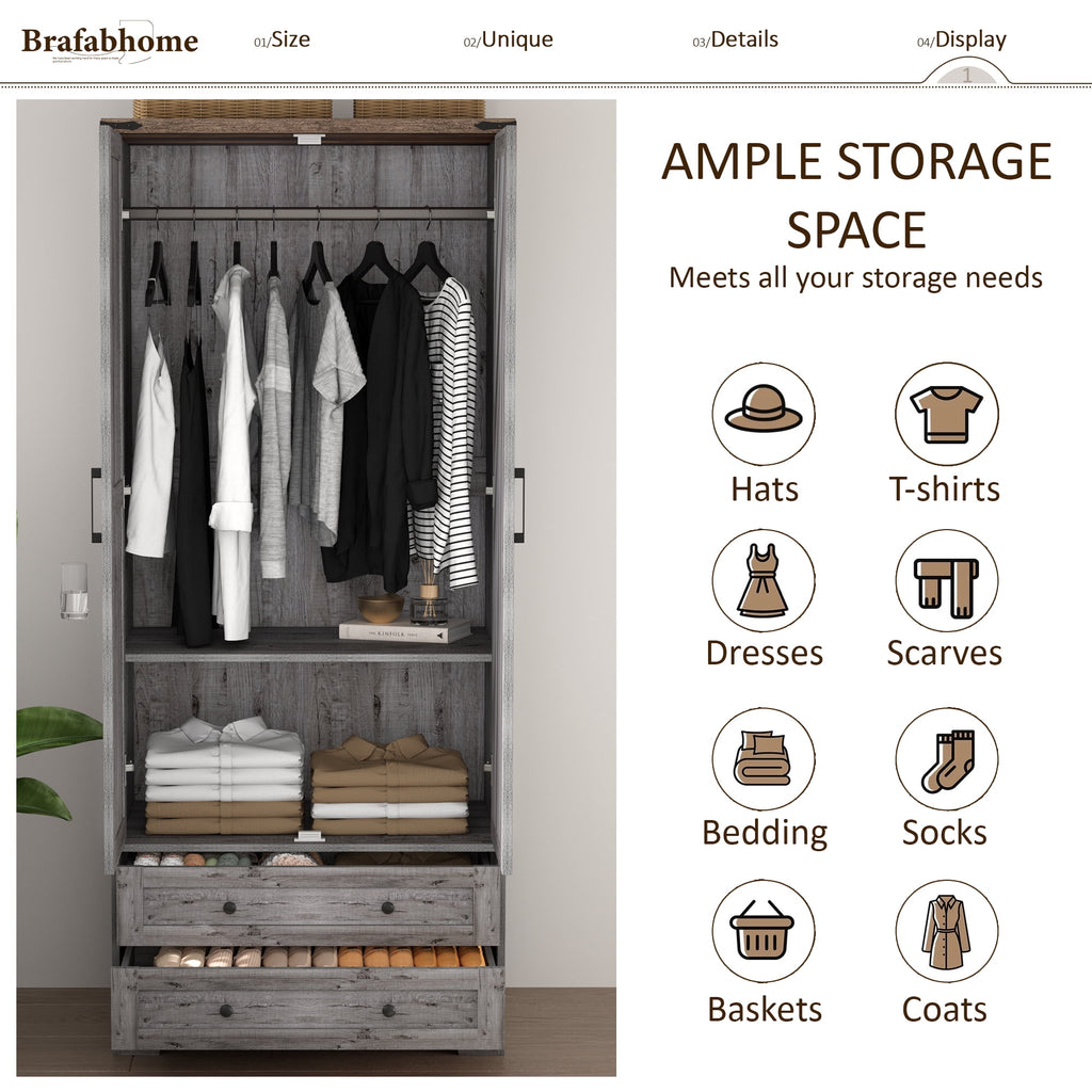 Brafabhome 71H Armoire Wardrobe Closet with 2 Drawers, Farmhouse 2 Doors Armoire Cabinet with Hanging Rod, Modern Freestanding Wardrobe Clothes Cabinet for Bedroom | Gray