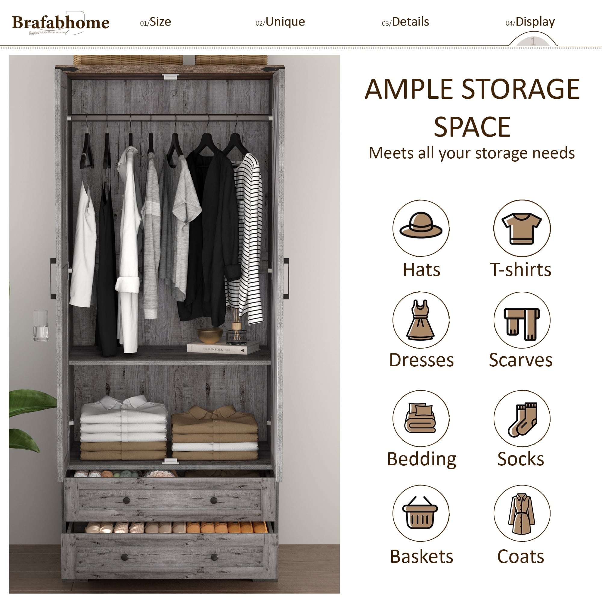 Brafabhome 71H Armoire Wardrobe Closet with 2 Drawers, Farmhouse 2 Doors Armoire Cabinet with Hanging Rod, Modern Freestanding Wardrobe Clothes Cabinet for Bedroom | Gray
