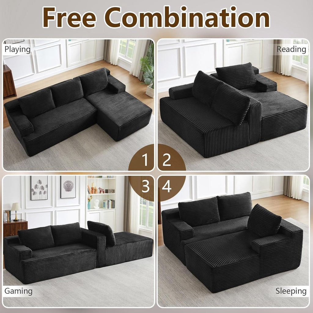 96 Boneless Cloud Couch with Chaise, Modular Sectional Sofa for Living Room, No Assembly Required, Deep Seat Corduroy Couch, Green