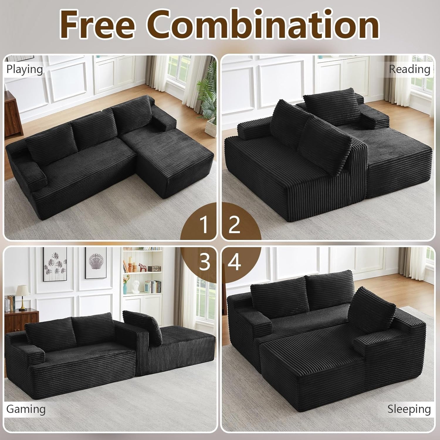 96 Boneless Cloud Couch with Chaise, Modular Sectional Sofa for Living Room, No Assembly Required, Deep Seat Corduroy Couch, Green