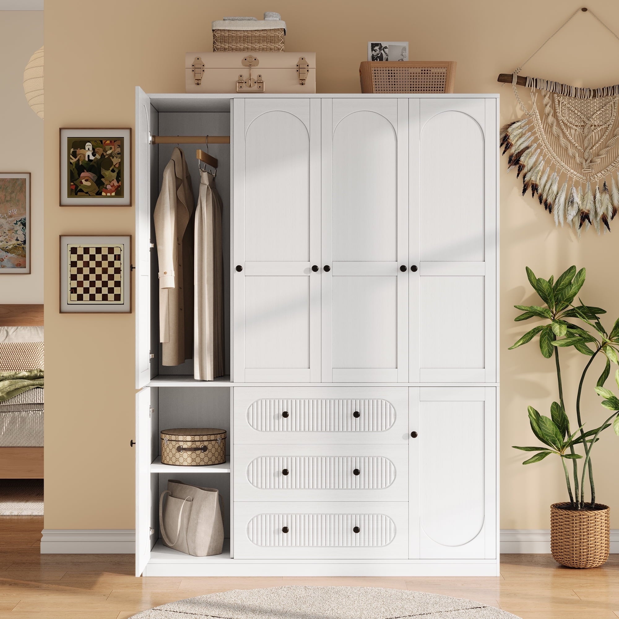 UGTOO 72H 4-Door Wardrobe Armoire with 3 Hanging Rods & 3 Drawers – Black Wooden Closet Storage Cabinet, Large Capacity Freestanding Clothes Organizer for Bedroom