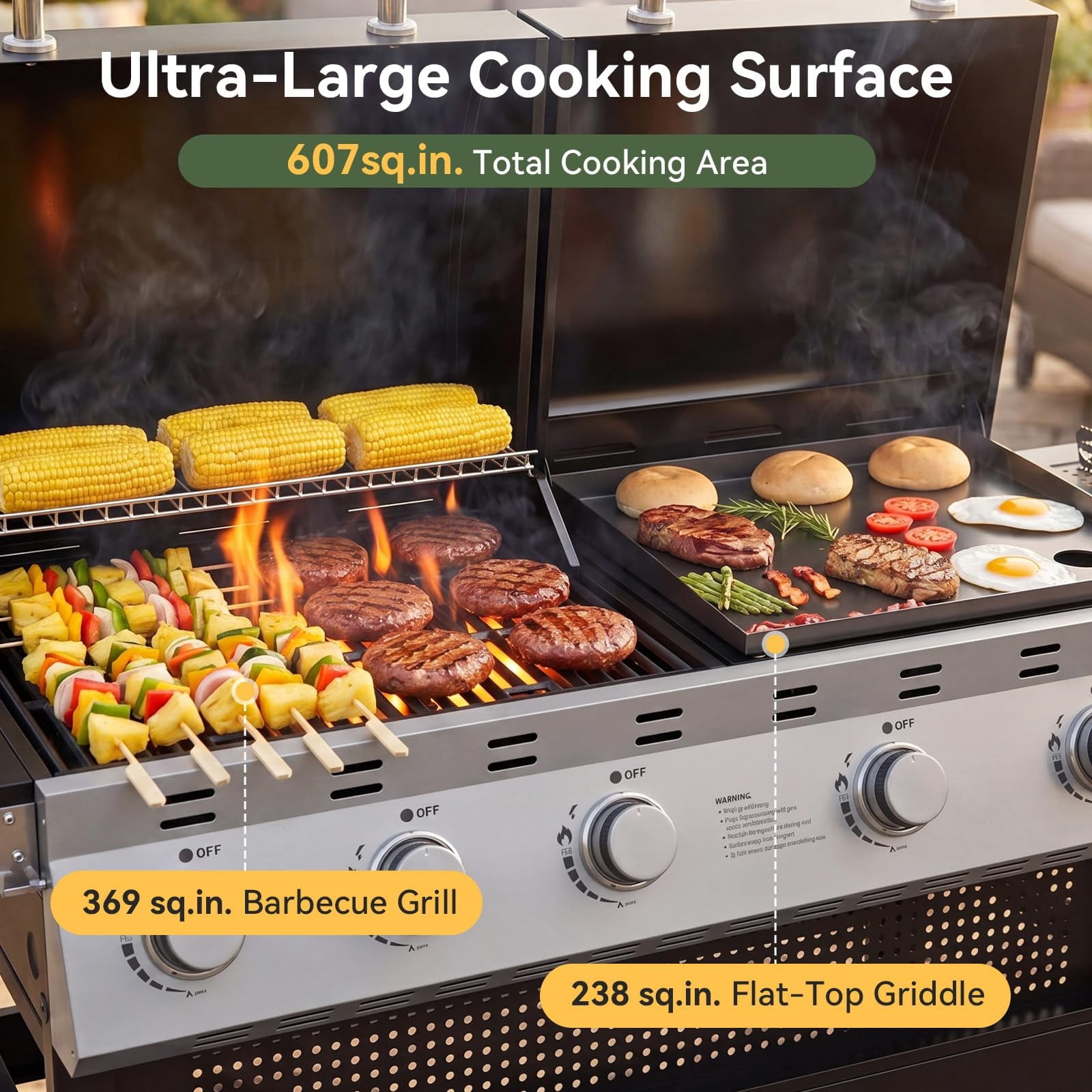 Clouddwell 4 Burner Gas Propane Grill, with 4 Casters, Side Table, and Thermometer, Patio Garden BBQ Grill Perfect for Camping, Black and Silver