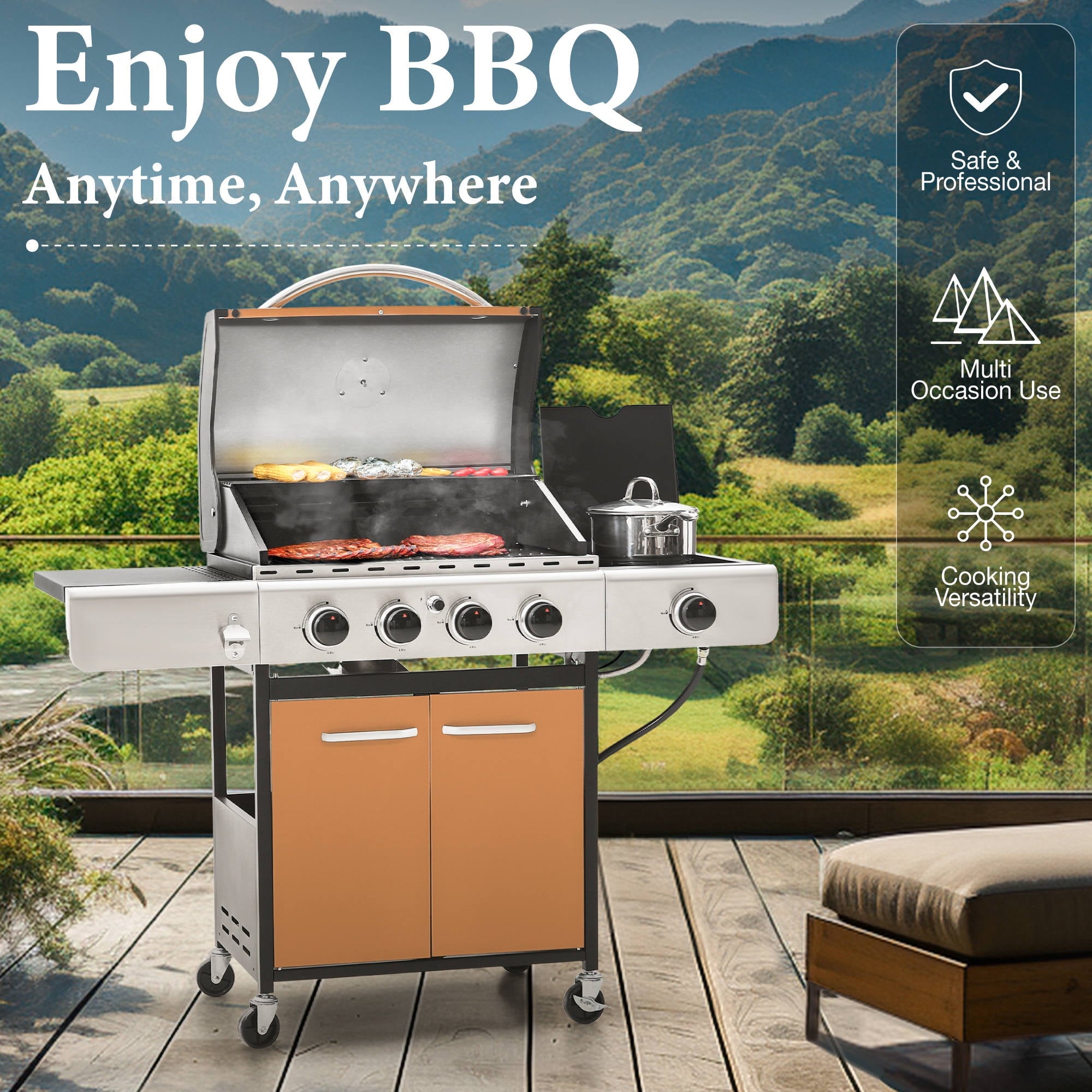 MF Studio 4 Burner Propane Gas Outdoor Grill with Side Burner Stainless Steel BBQ Grill