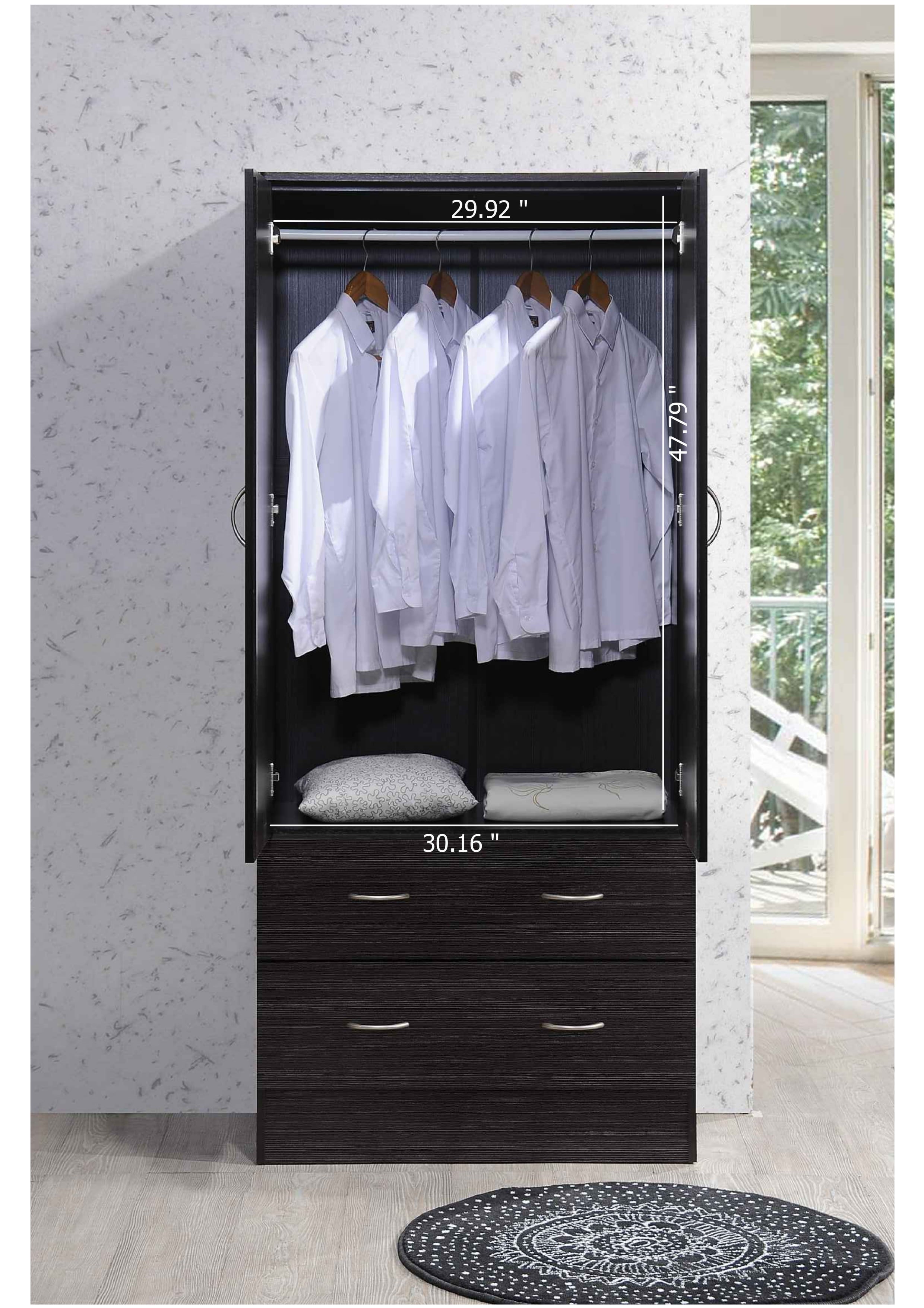 Hodedah 2-Door Armoire with 2-Drawers and Clothing Rod in Black