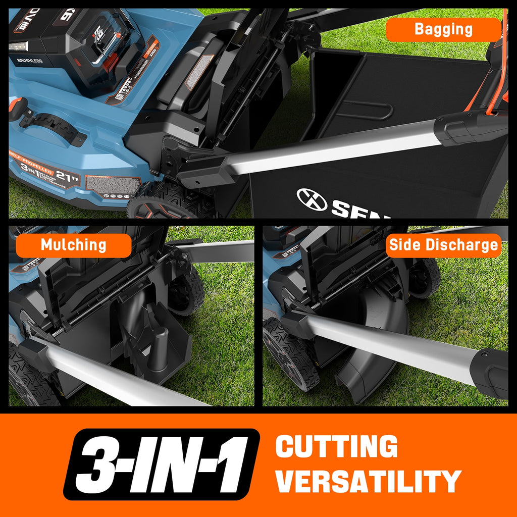 SENIX X6 60V 21 Self Propelled Lawn Mower , 8Ah Battery & Rapid 8A Charger, 3-in-1 Brushless, Smart LED Display, 7-Height Adjustment, 3-Mode, Variable Speed Push Mower