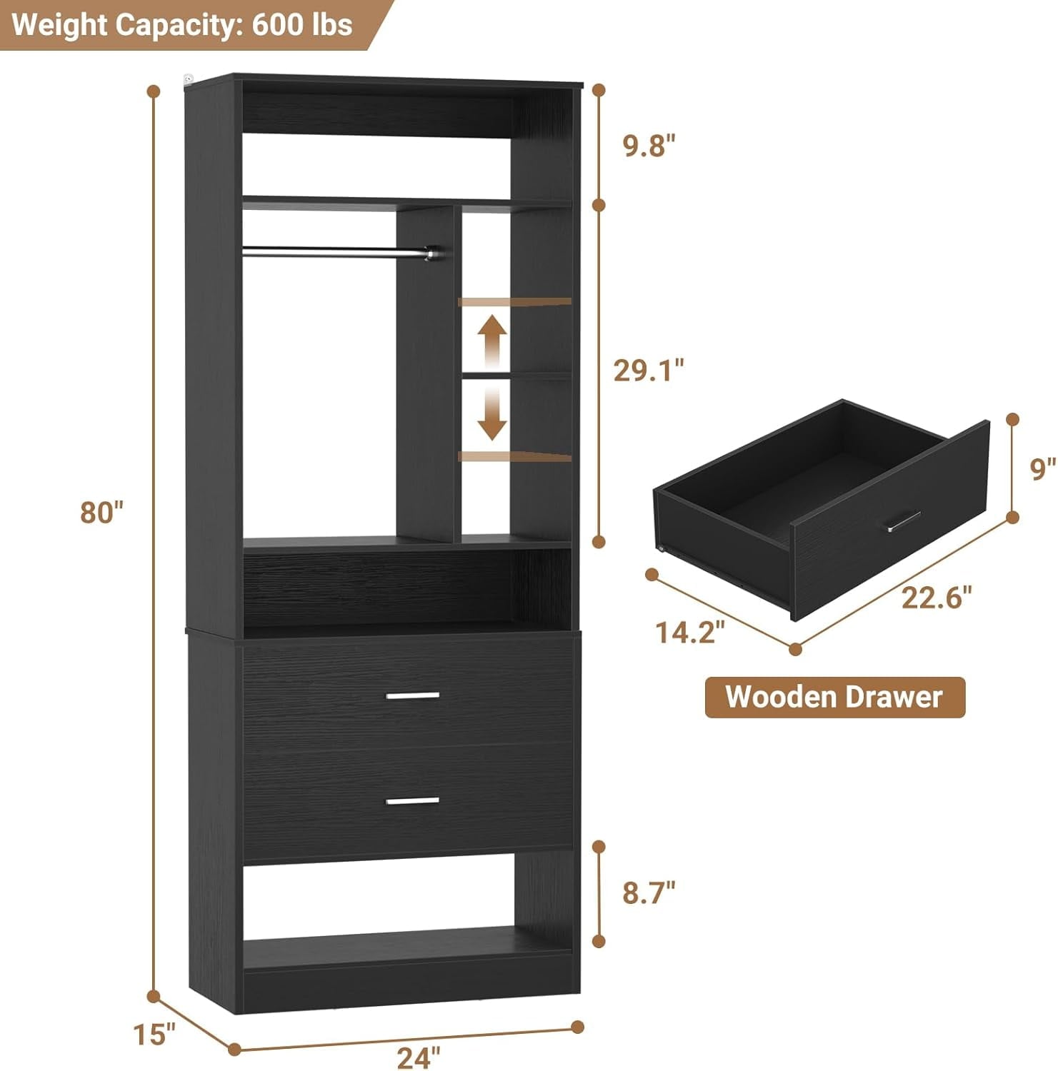 Homieasy Freestanding 24 Closet System with 2 Wood Drawers, 2FT Small Closet Organizer System with 6 Shelves & Hanging Rod, Walk-in Closet Systems for Small Closets, White