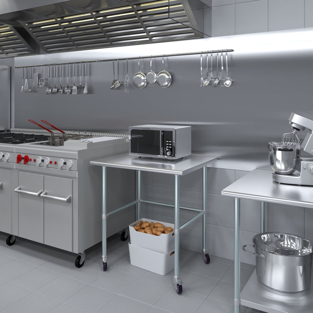 AmGood 36 Long x 30 Deep Stainless-Steel Work Table with Open Base and Wheels, Mobile Metal Table