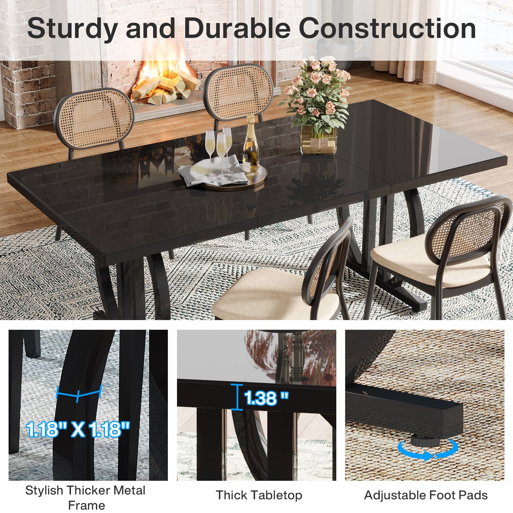 Fnova 63 Modern Dining Table for 6-8 People, Rectangular Kitchen Table with Sturdy Metal Frame, Dinner Table for Dining Room, Kitchen, Living Room, Home Office, Apartment