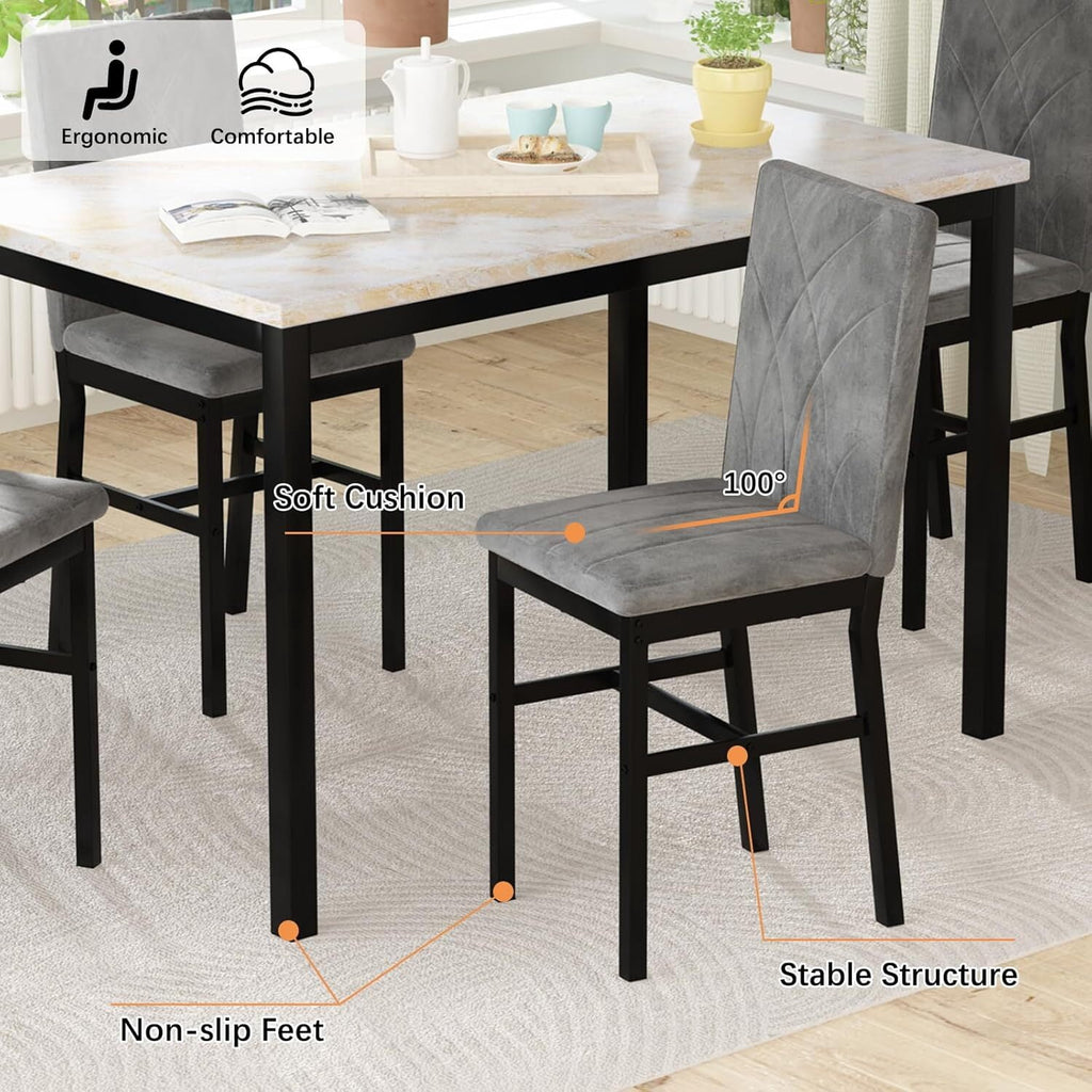 MOOSENG Dining Table Set for 4, Faux Marble Kitchen Table and Chairs Set of 4, 5-Piece Dining Room Set with PU Leather Upholstered Chairs for Small Space, Gray