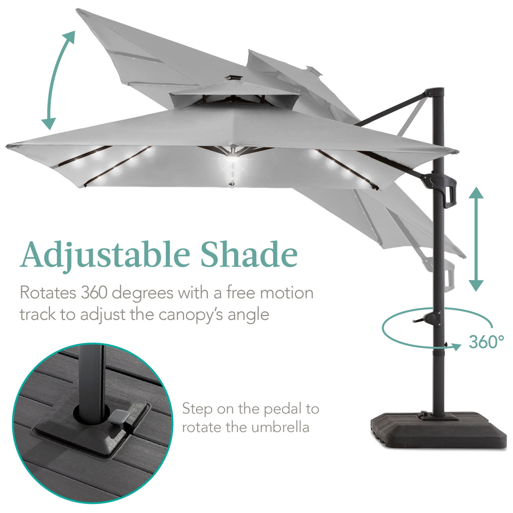 Best Choice Products 10x10ft 2-Tier Square Outdoor Solar LED Cantilever Patio Umbrella w/ Base Included - Tan