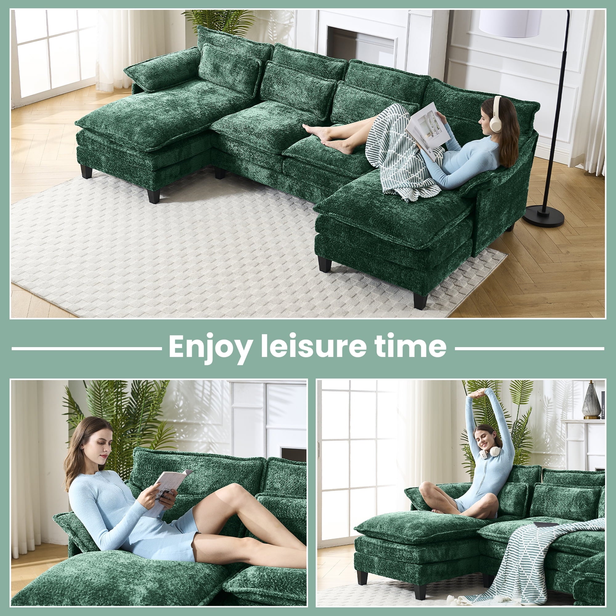 JONPONY109.45 U Shaped Couch,Oversized 4 Seat Sectional with 4 Waist Pillows, Convertible Upholstery Symmetrical Sofá,Sleeper Sofa Couch with Double Chaise Lounge &Memory Foam for Living Room, Beige