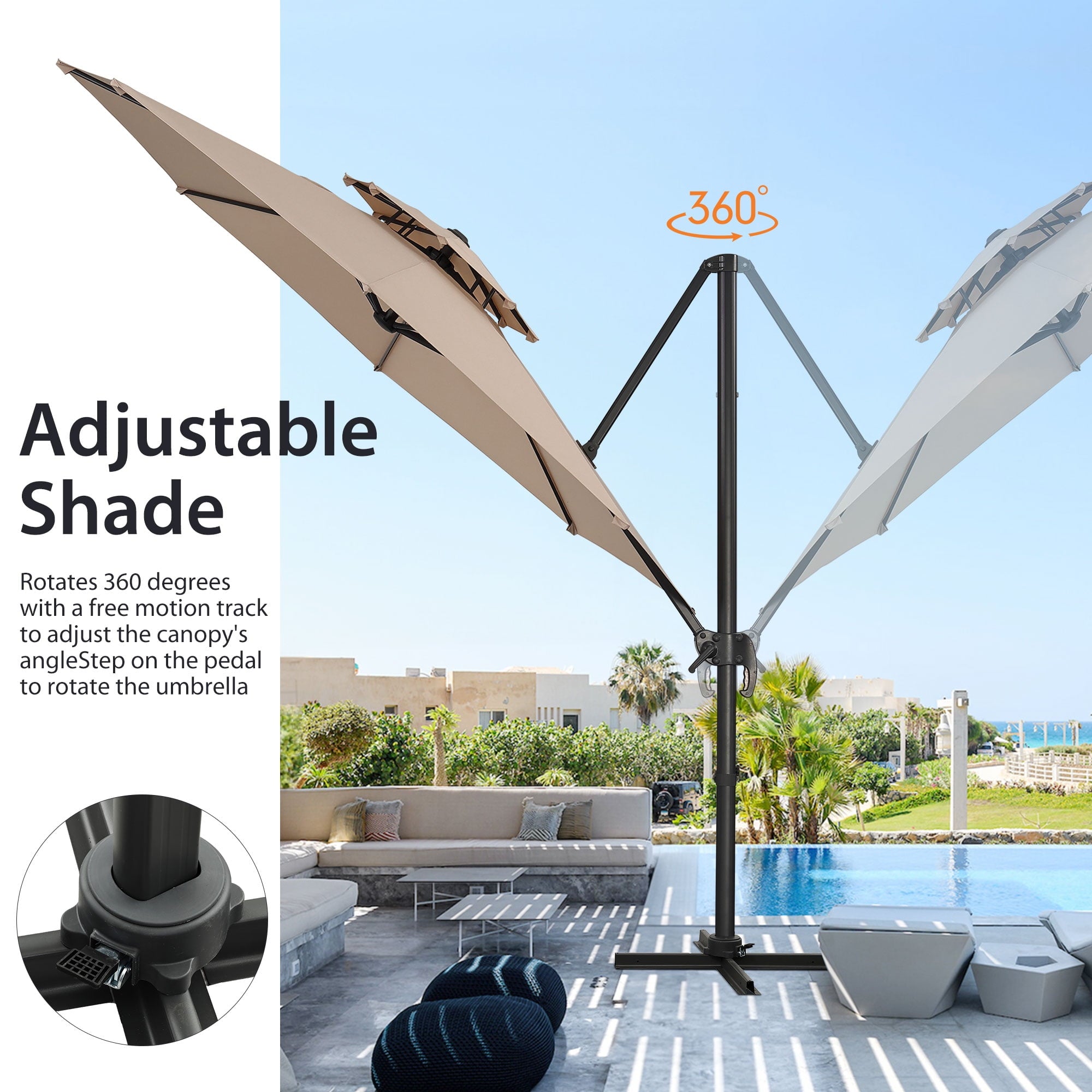 Ainfox 10ft Double Top Heavy-Duty Patio Cantilever Umbrella with lights and Cross Base, Outdoor Large Offset Hanging Aluminum Rotation Sun Shade Solar Umbrella with 360°Rotation Adjustable,Khaki