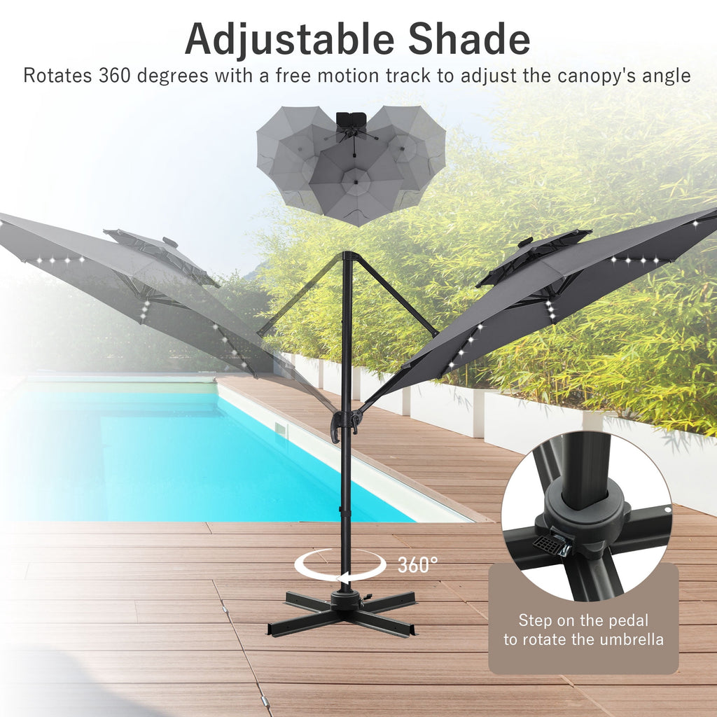 Ainfox 10ft Double Top Heavy-Duty Patio Cantilever Umbrella with lights and Cross Base, Outdoor Large Offset Hanging Aluminum Rotation Sun Shade Solar Umbrella with 360°Rotation Adjustable,Khaki