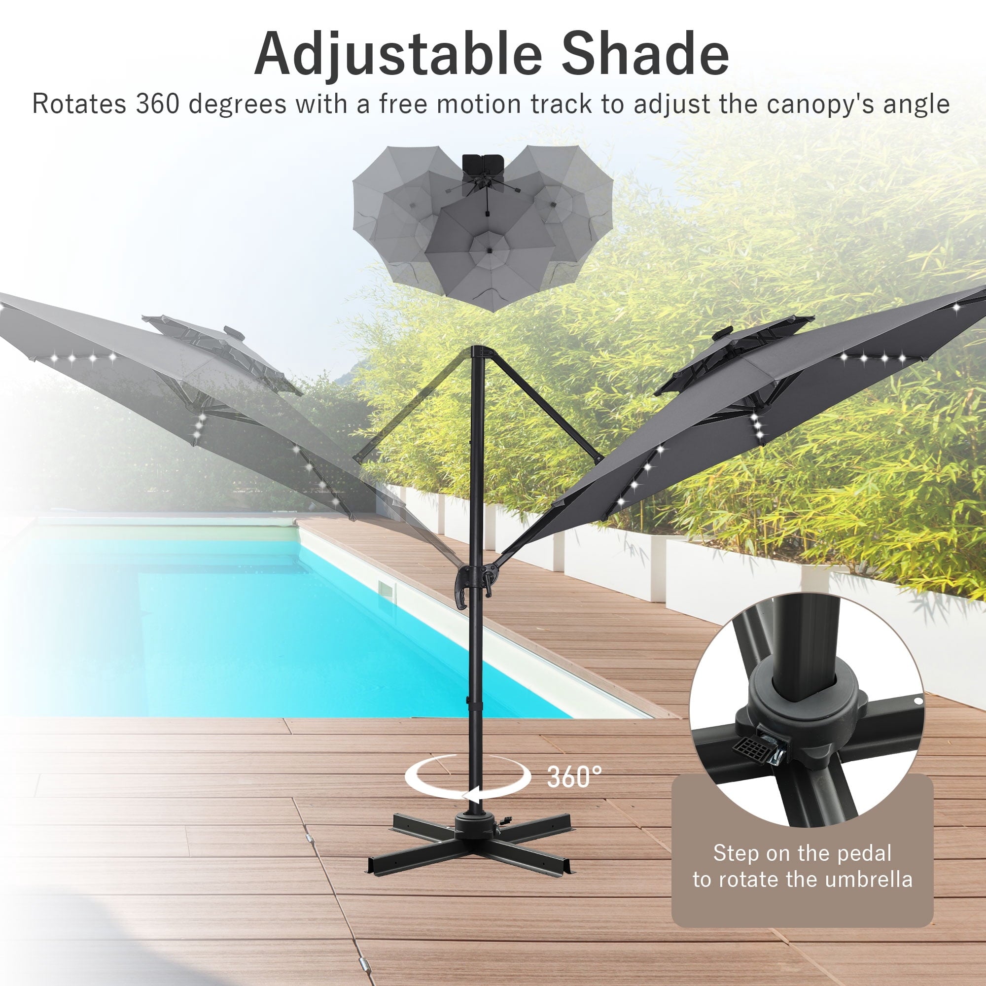Ainfox 10ft Double Top Heavy-Duty Patio Cantilever Umbrella with lights and Cross Base, Outdoor Large Offset Hanging Aluminum Rotation Sun Shade Solar Umbrella with 360°Rotation Adjustable,Khaki