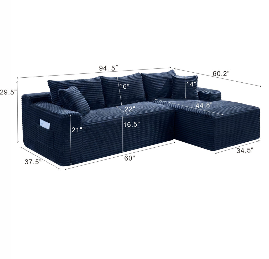 LLappuil 108 Sectional Sofa, Modular Sectional Couch with Left Chaise, Deep Seat Corduroy Cloud Sofa for Living Room Black