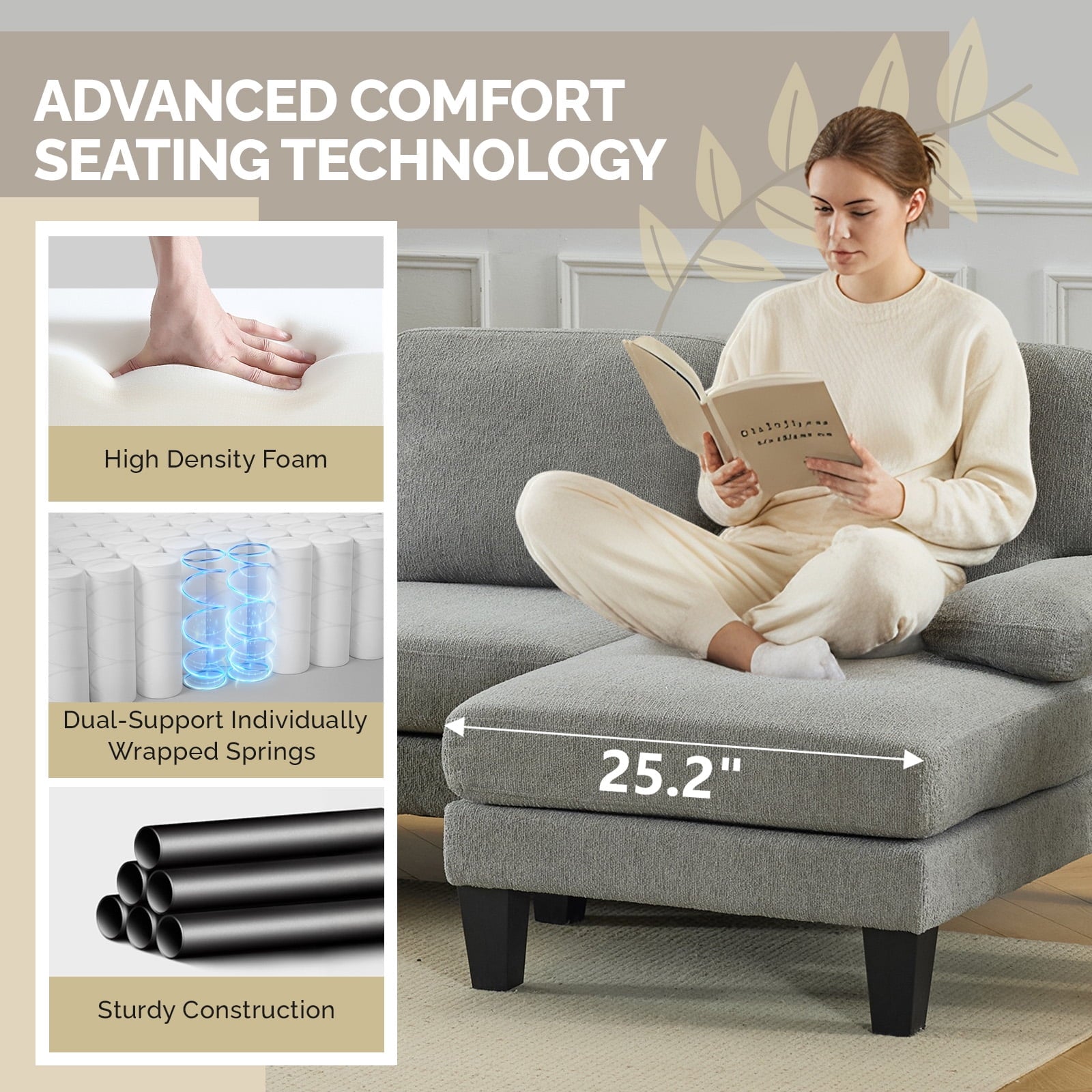 Ktaxon U-Shaped Sectional Sofa Set with Chaise, 4-Seater Blended Chenille Couch for Living Room, Apartment, Easy Assembly Khaki