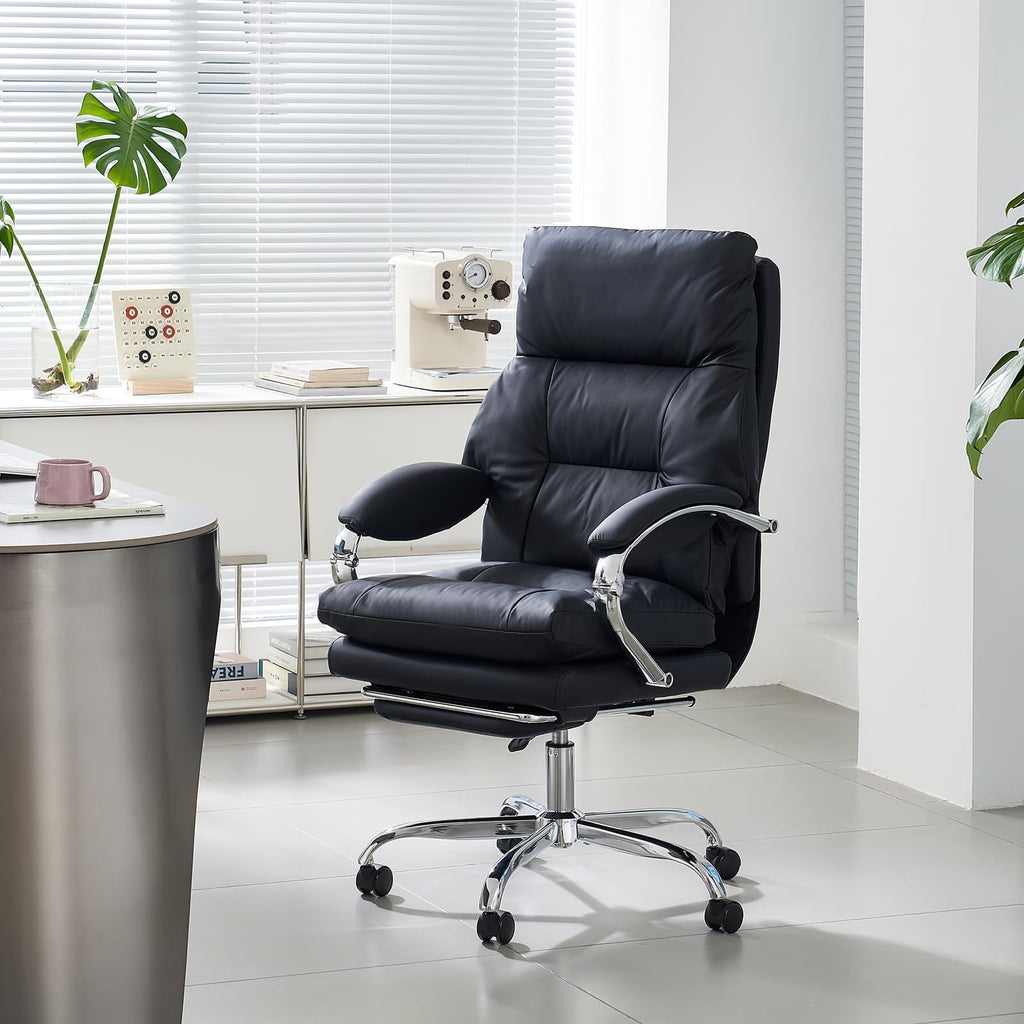 LEAGOO Reclining Office Chair with Foot Rest, Executive Office Chairs with Arms, Ergonomic High Back PU Leather Comfy Swivel Computer Desk Chairs with Wheels and Lumbar Support for Home Office, White