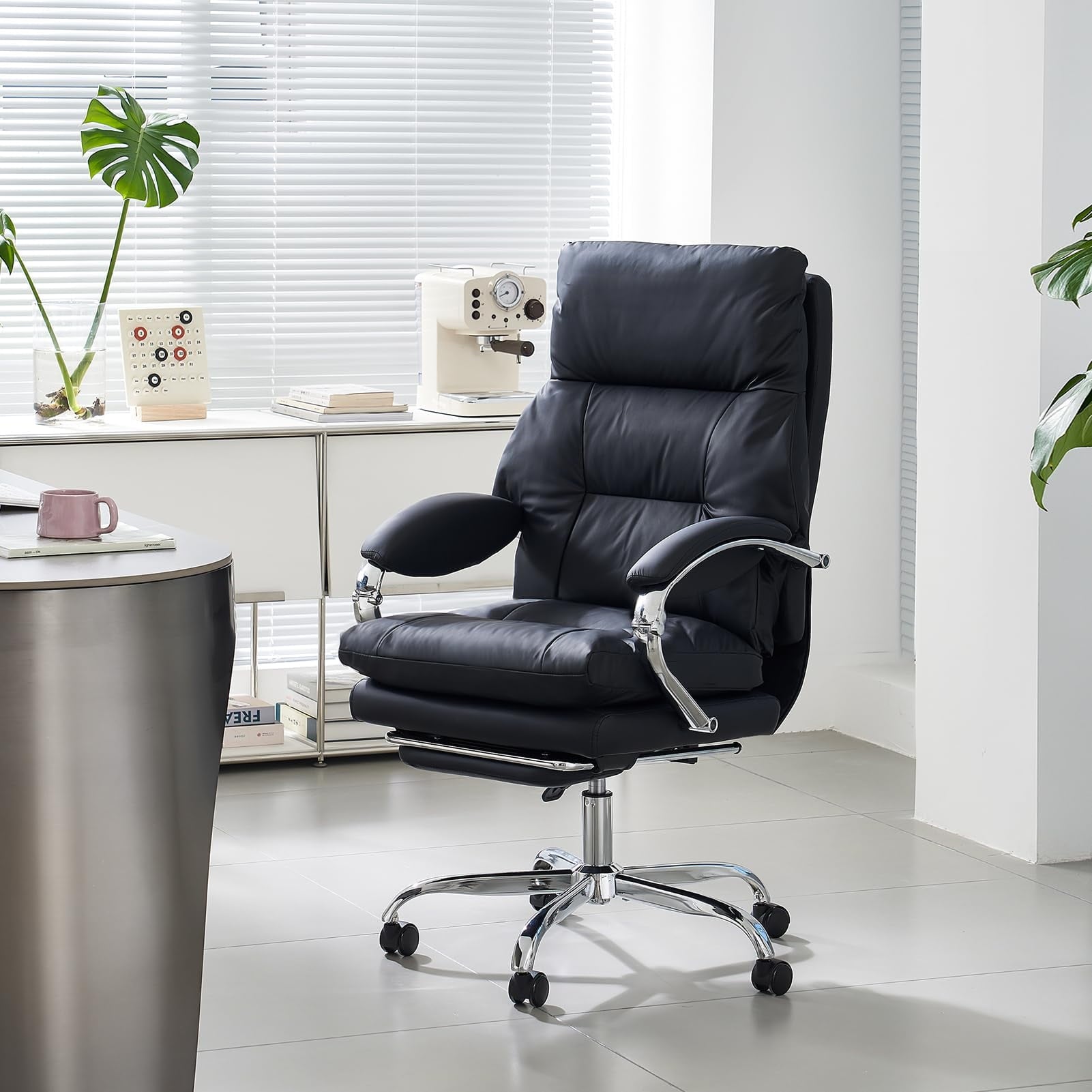 LEAGOO Reclining Office Chair with Foot Rest, Executive Office Chairs with Arms, Ergonomic High Back PU Leather Comfy Swivel Computer Desk Chairs with Wheels and Lumbar Support for Home Office, White